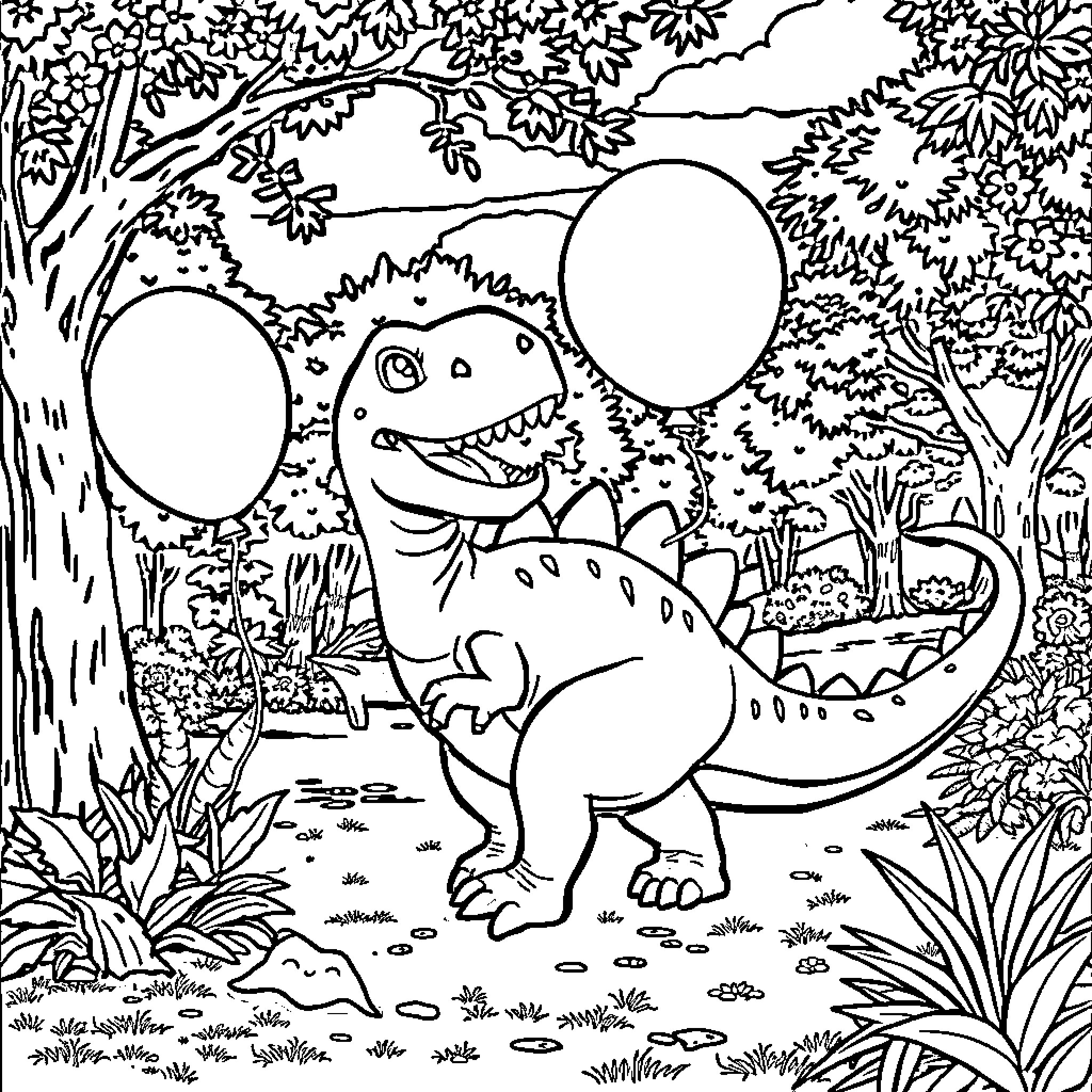 Dinosaur playing with balloons in the jungle Coloring Page (free black-and-white line drawing printable PDF for all, from beginners to advanced learners, including children, teens, adults, and seniors)