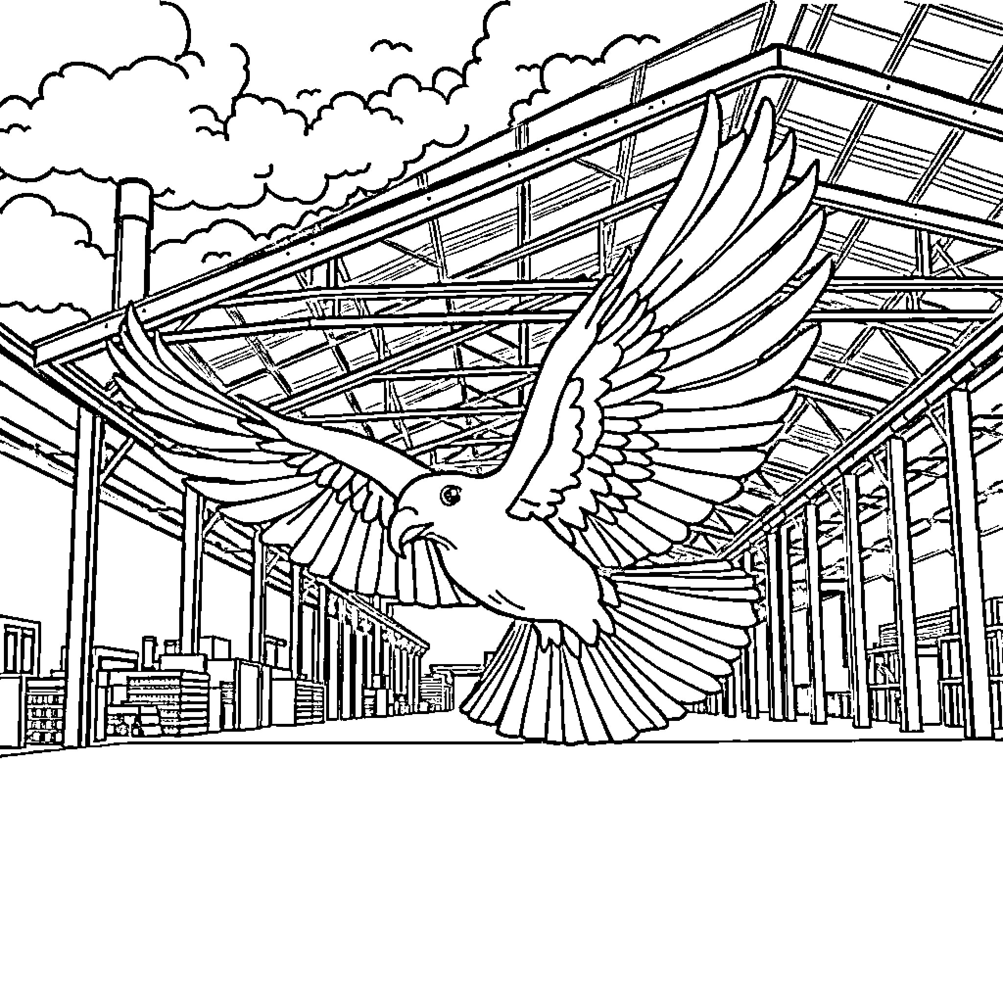 Flying Dove Soaring Over Architectural Structures Coloring Page (free black-and-white line drawing printable PDF for all, from beginners to advanced learners, including children, teens, adults, and seniors)
