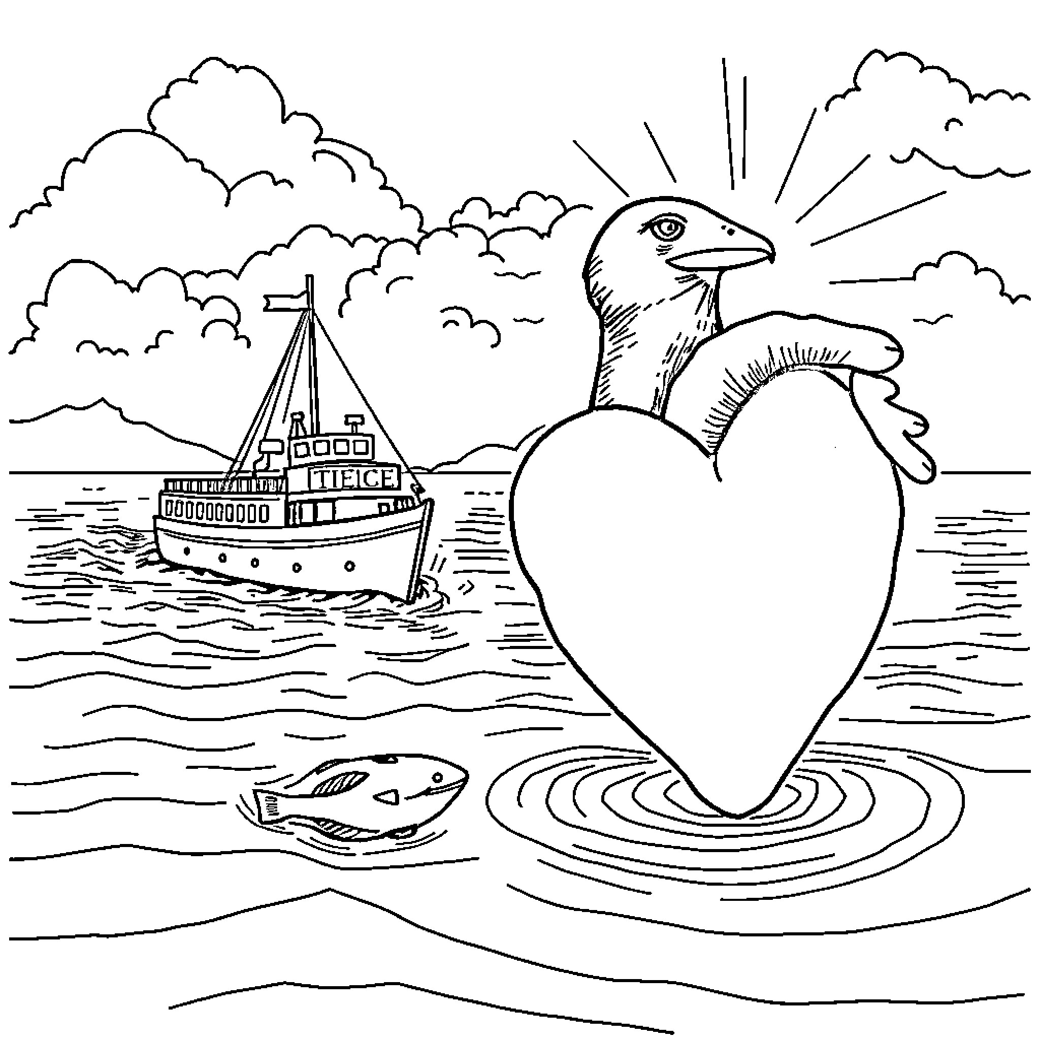 Ship, Anchor and Heart Sailing on Stormy Seas Coloring Page (free black-and-white line drawing printable PDF for all, from beginners to advanced learners, including children, teens, adults, and seniors)