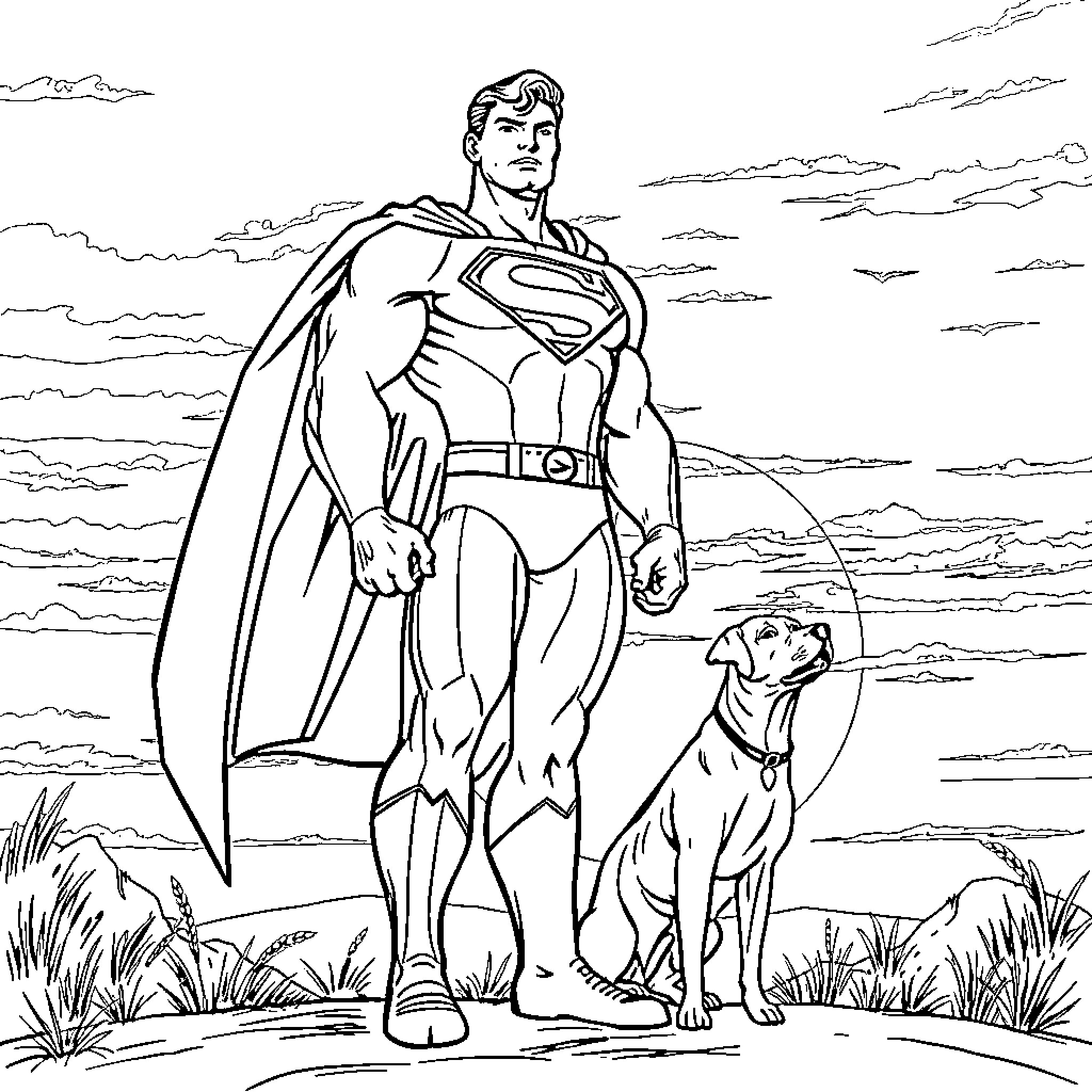 Superman posing heroically with loyal dog companion Coloring Page (free black-and-white line drawing printable PDF for all, from beginners to advanced learners, including children, teens, adults, and seniors)