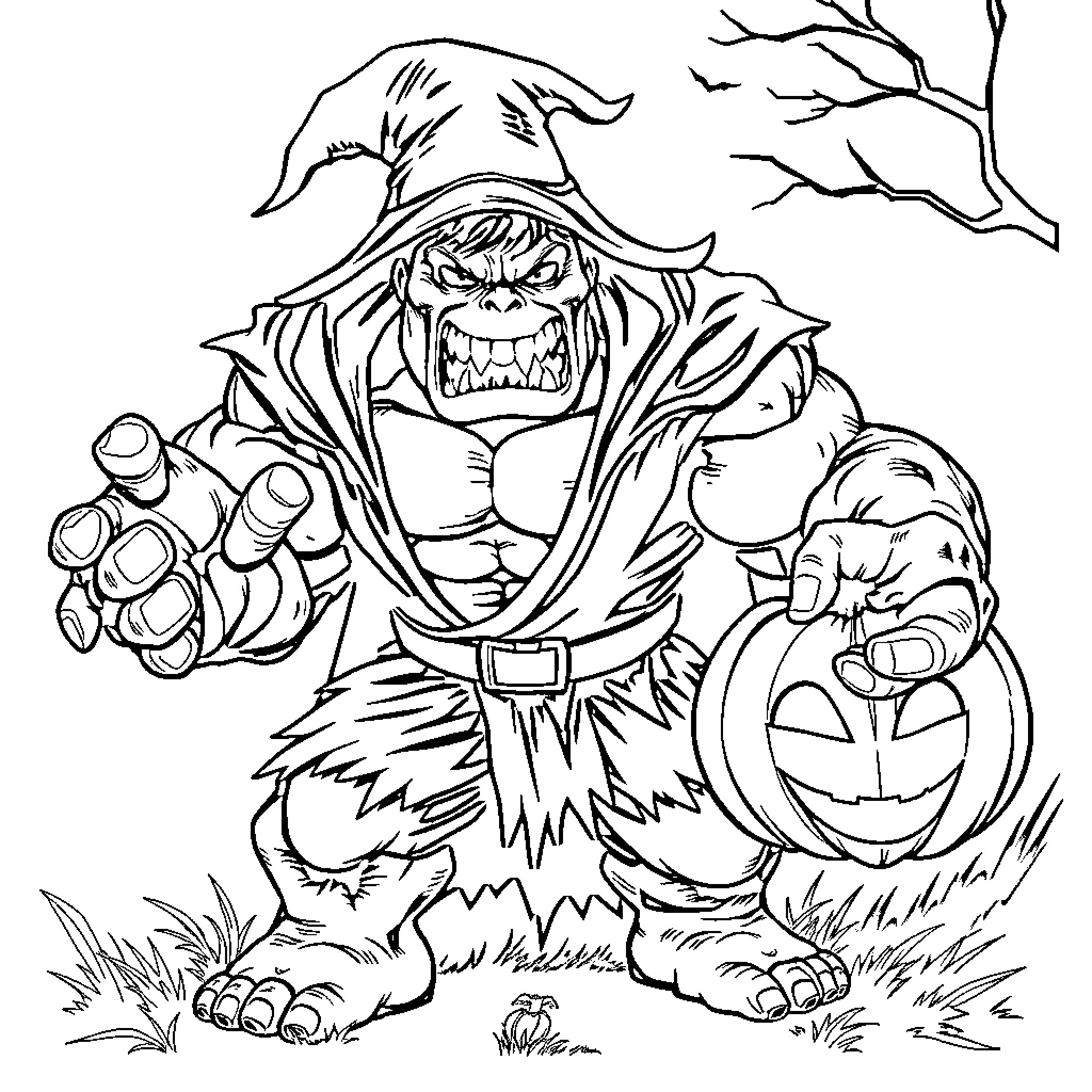 Hulk-like Monster Menacing with Pumpkin in Spooky Forest Coloring Page (free black-and-white line drawing printable PDF for all, from beginners to advanced learners, including children, teens, adults, and seniors)