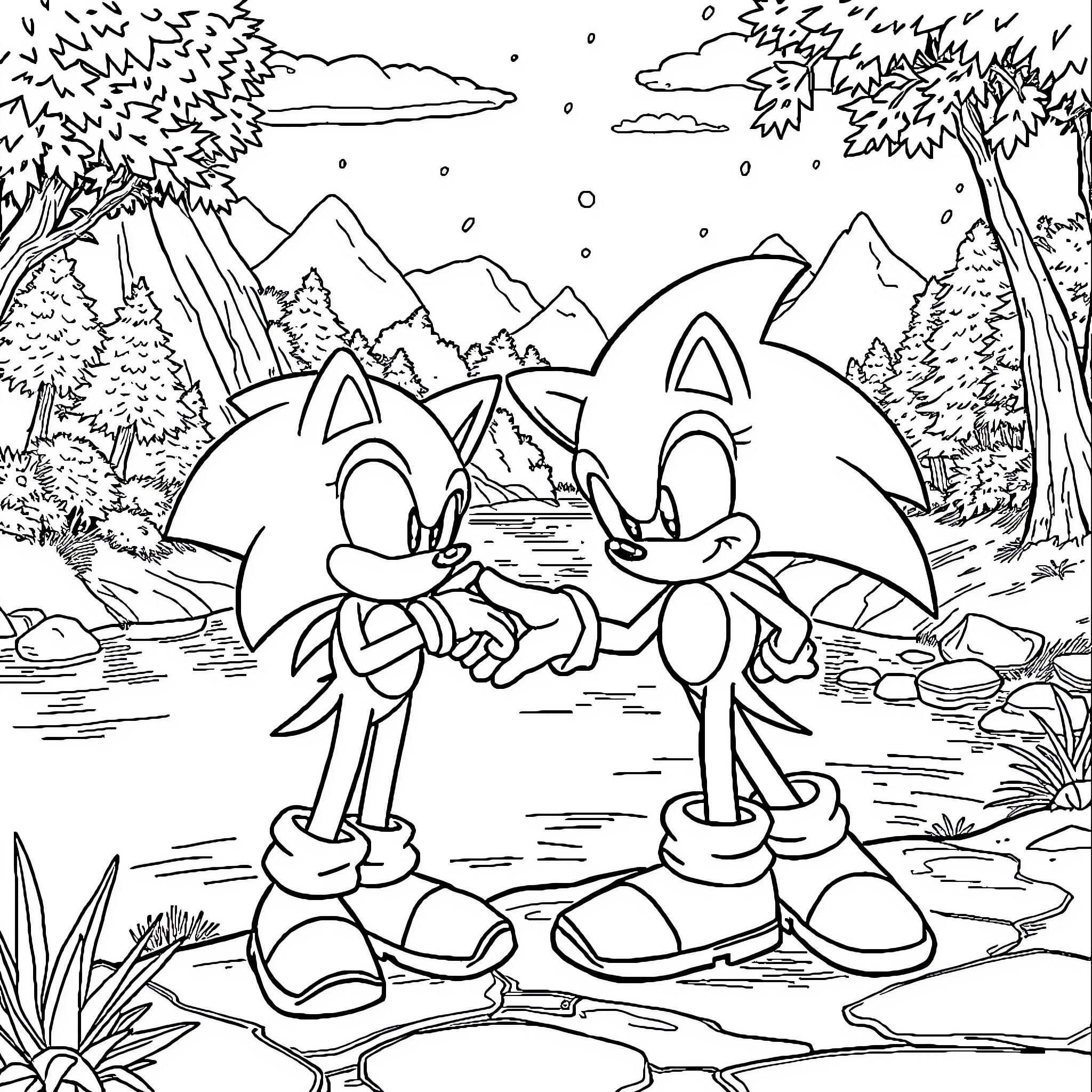Sonic and Friends Exploring the Scenic Wilderness Coloring Page (free black-and-white line drawing printable PDF for all, from beginners to advanced learners, including children, teens, adults, and seniors)