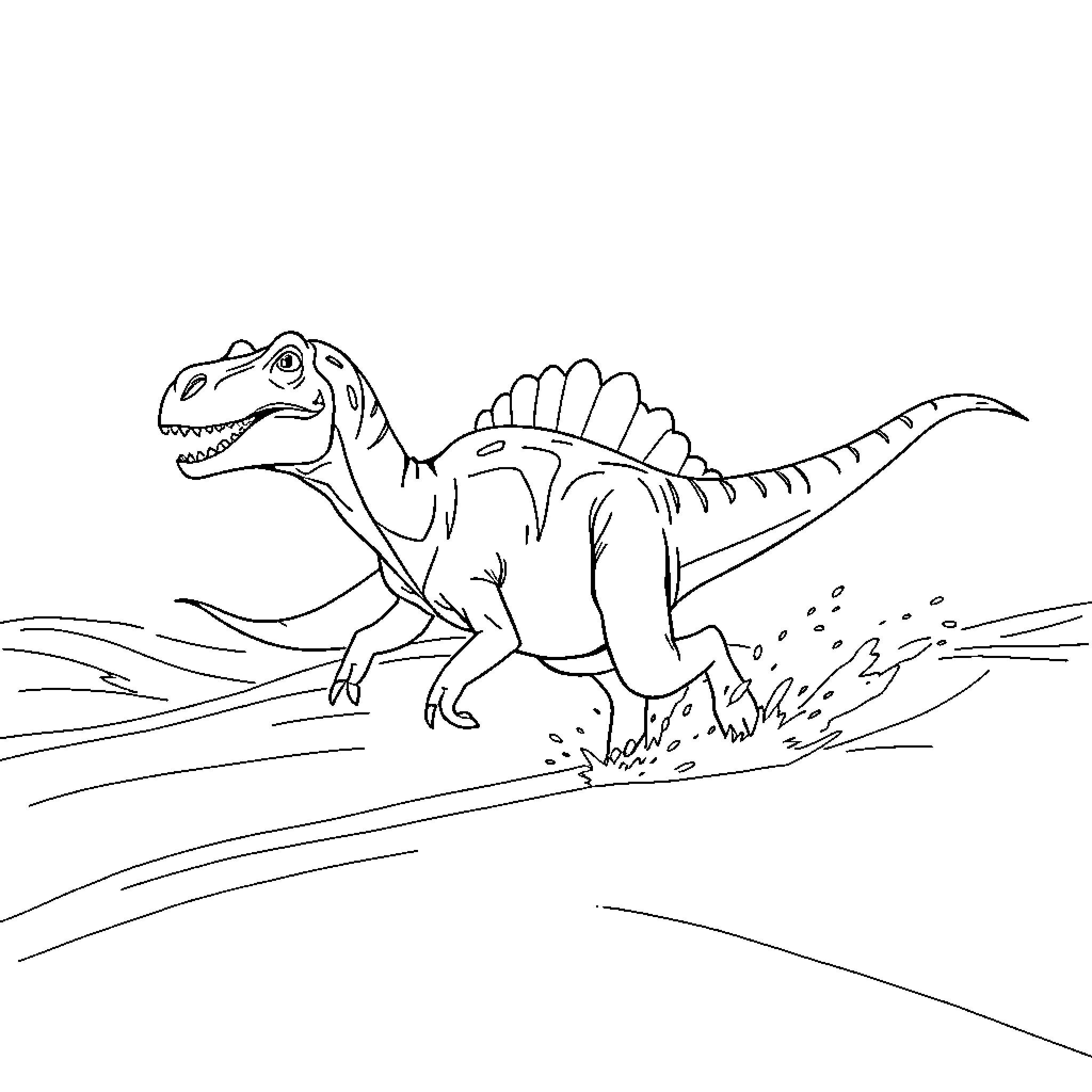 Carnotaurus chasing prey across the landscape Coloring Page (free black-and-white line drawing printable PDF for all, from beginners to advanced learners, including children, teens, adults, and seniors)