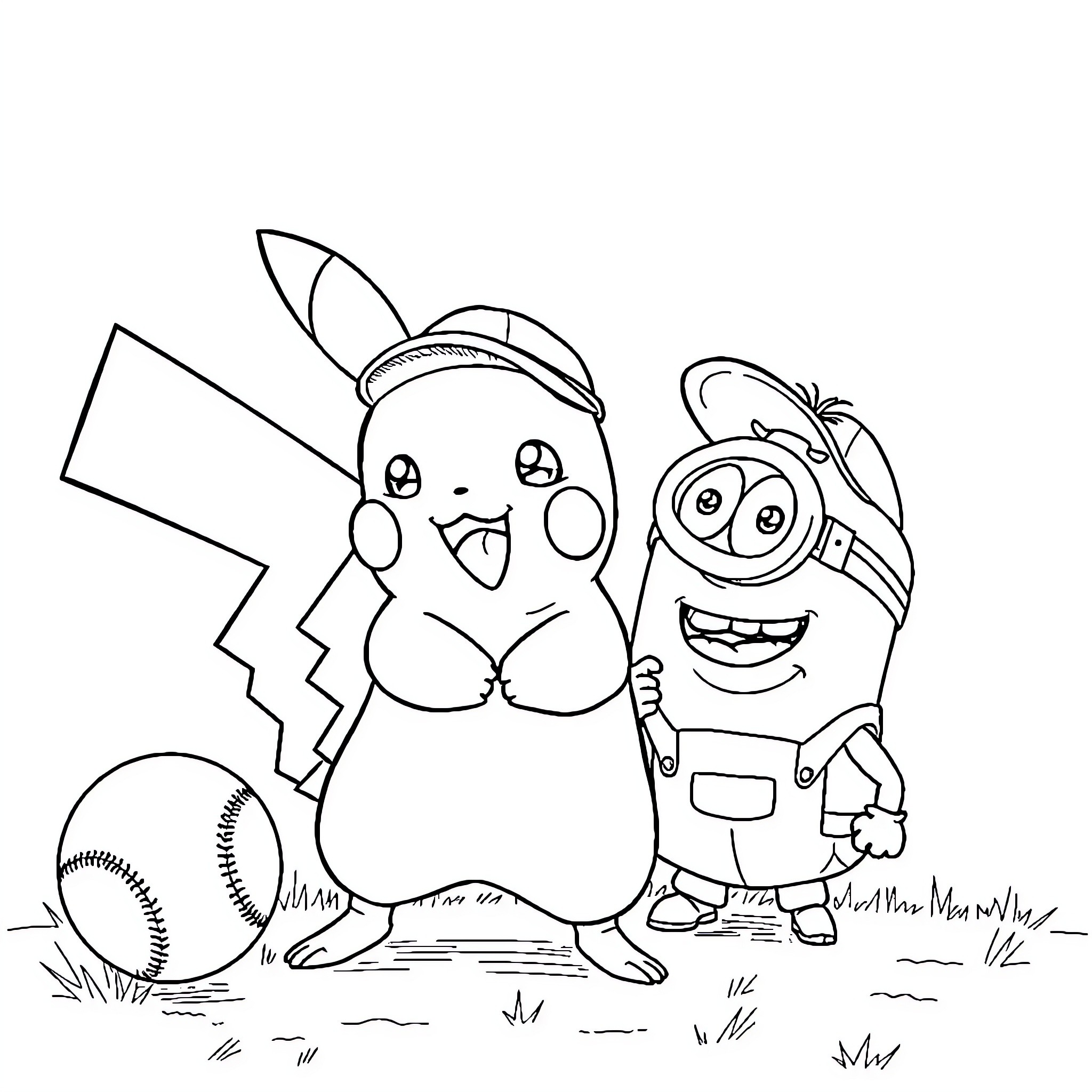 Pikachu and Minion playing with a baseball Coloring Page (free black-and-white line drawing printable PDF for all, from beginners to advanced learners, including children, teens, adults, and seniors)
