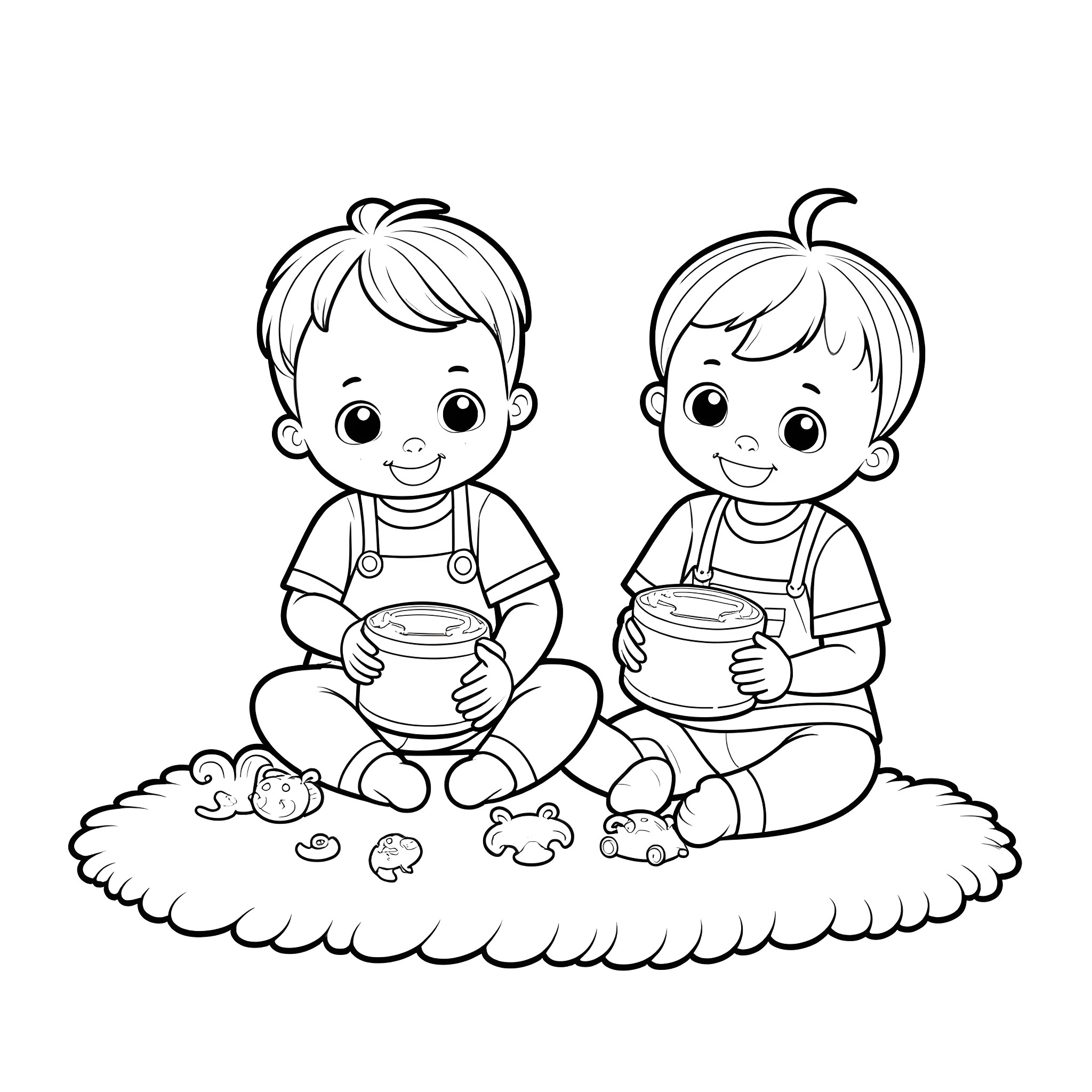Baby siblings playing with toys on the floor Coloring Page (free black-and-white line drawing printable PDF for all, from beginners to advanced learners, including children, teens, adults, and seniors)