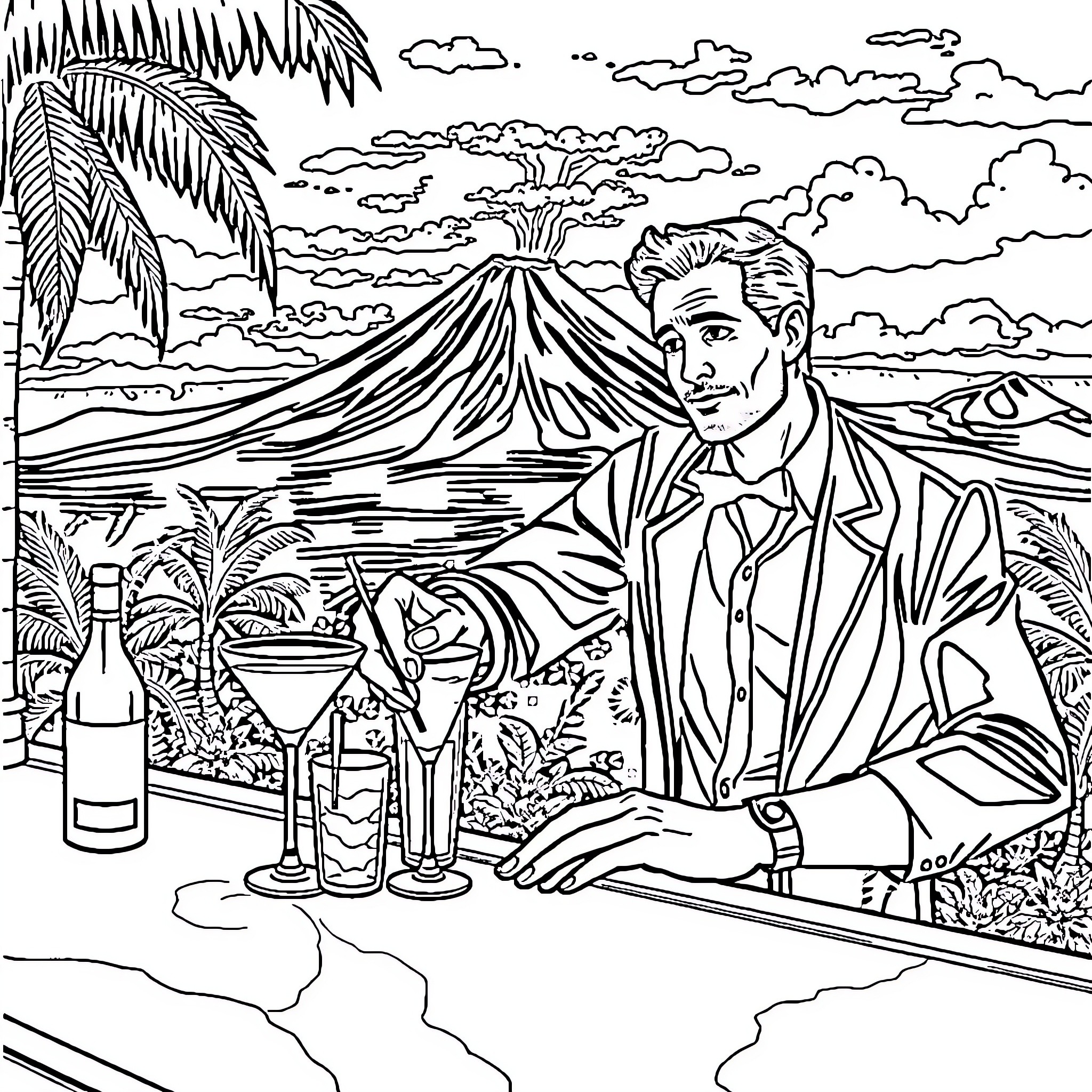 Barman serving cocktails with volcano backdrop Coloring Page (free black-and-white line drawing printable PDF for all, from beginners to advanced learners, including children, teens, adults, and seniors)