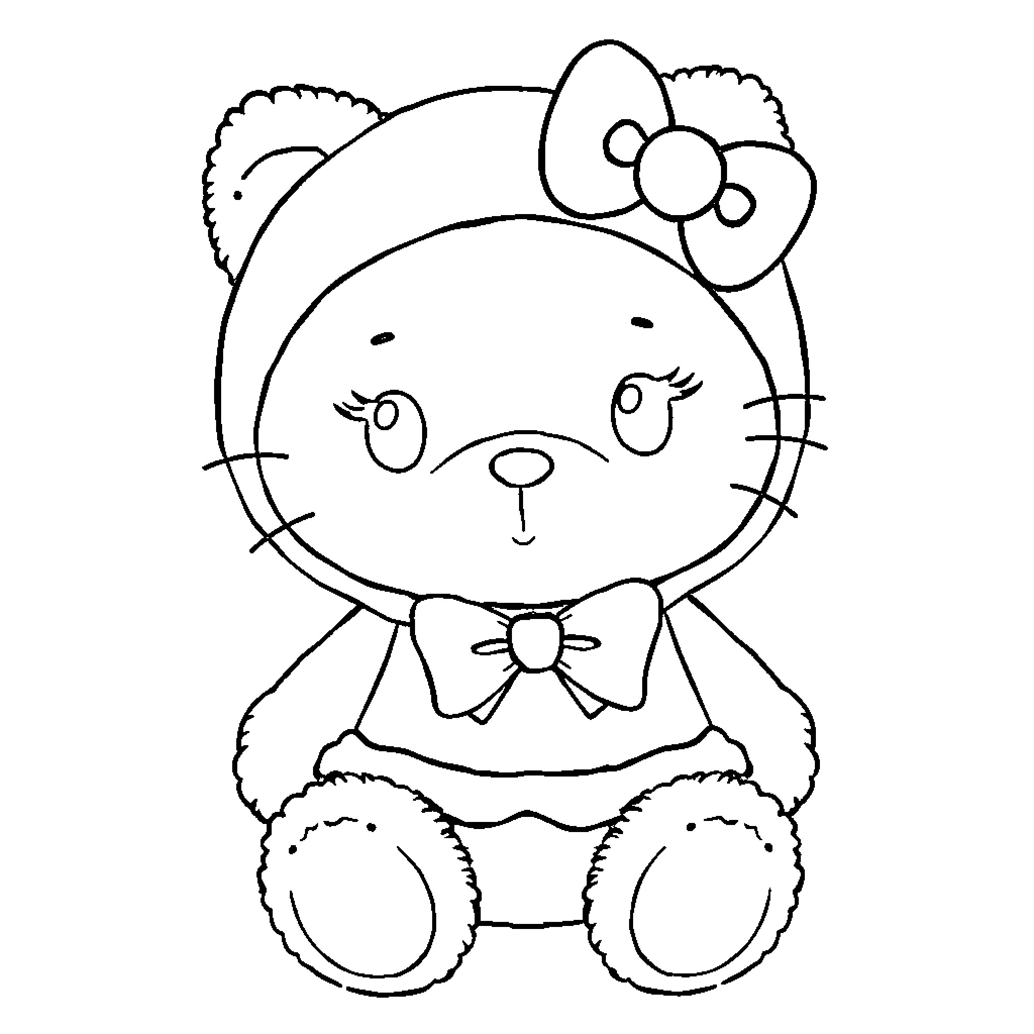 Teddy Bear in Bow Tie and Tuft Coloring Page (free black-and-white line drawing printable PDF for all, from beginners to advanced learners, including children, teens, adults, and seniors)