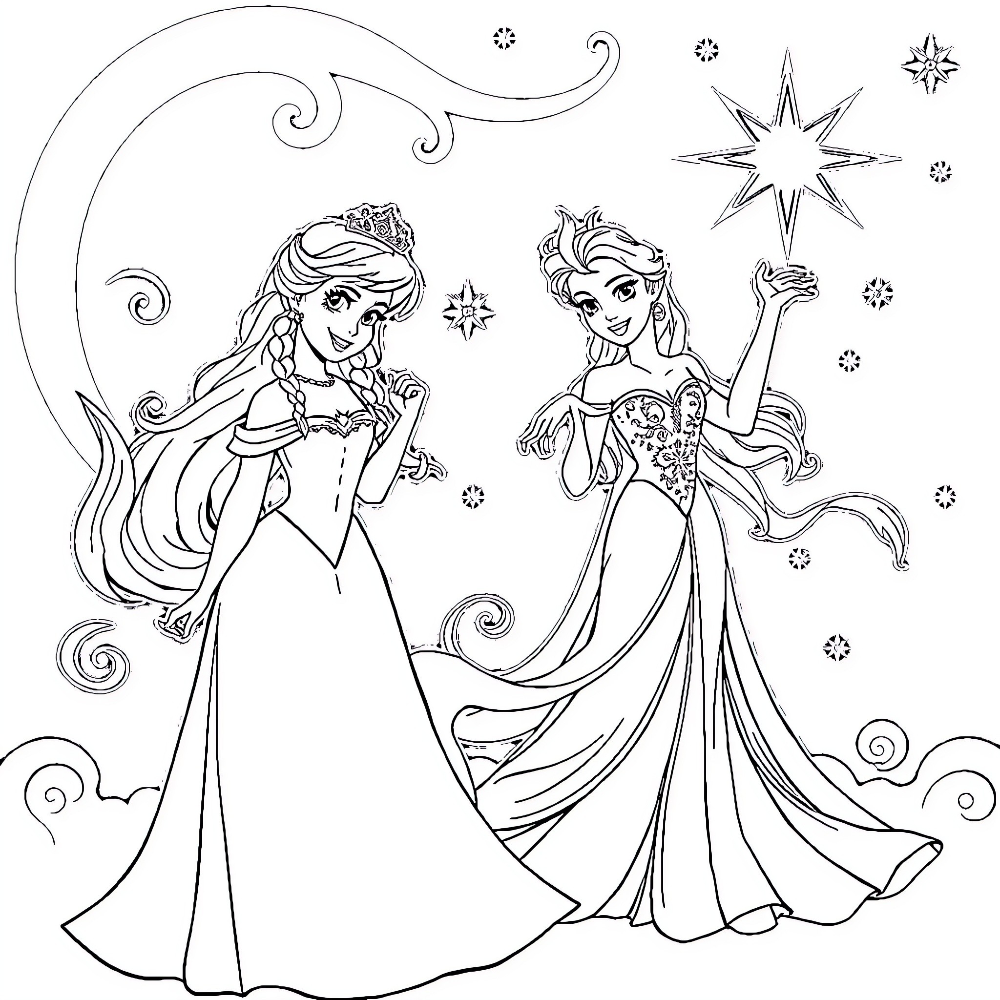 Disney Princesses in Elegant Gowns and Magical Attire Coloring Page (free black-and-white line drawing printable PDF for all, from beginners to advanced learners, including children, teens, adults, and seniors)
