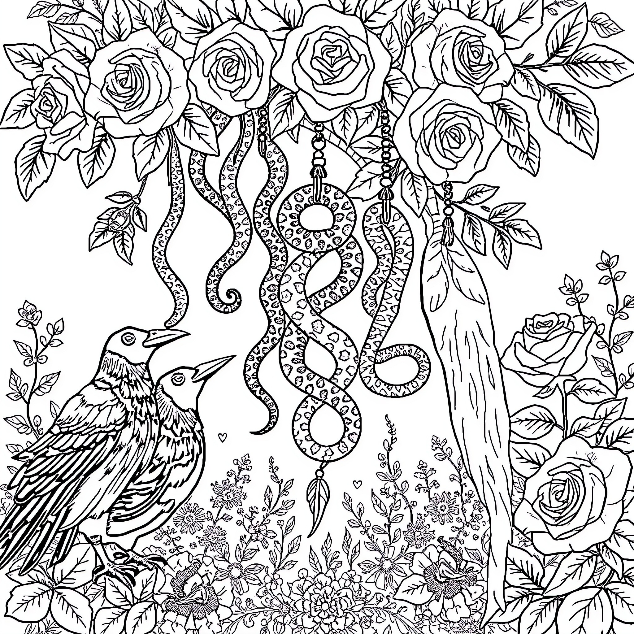 Snake Entwined in Floral Arrangement with Birds Coloring Page (free black-and-white line drawing printable PDF for all, from beginners to advanced learners, including children, teens, adults, and seniors)
