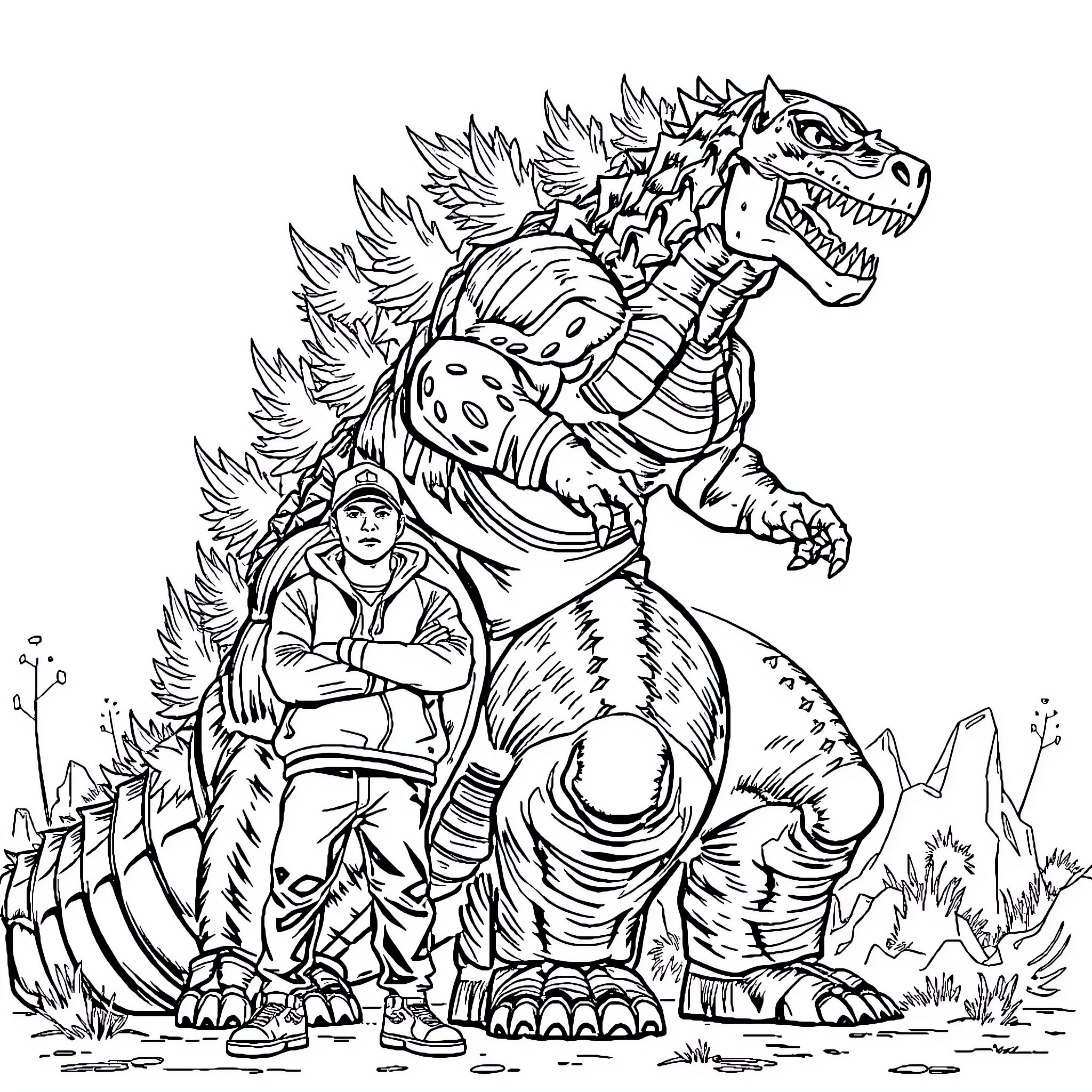 Eminem riding a fearsome prehistoric creature Coloring Page (free black-and-white line drawing printable PDF for all, from beginners to advanced learners, including children, teens, adults, and seniors)