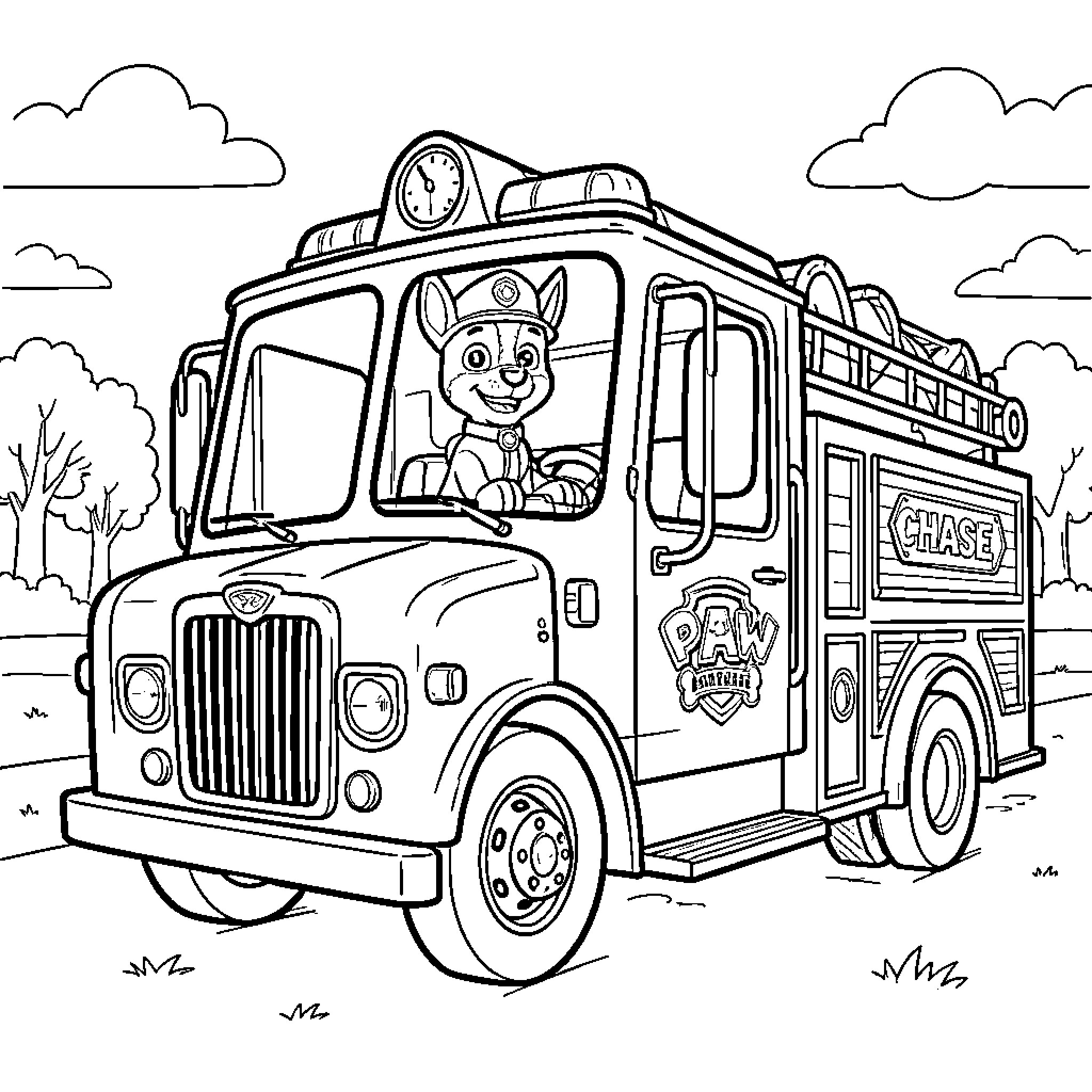 Chase driving a police truck with a smile Coloring Page (free black-and-white line drawing printable PDF for all, from beginners to advanced learners, including children, teens, adults, and seniors)