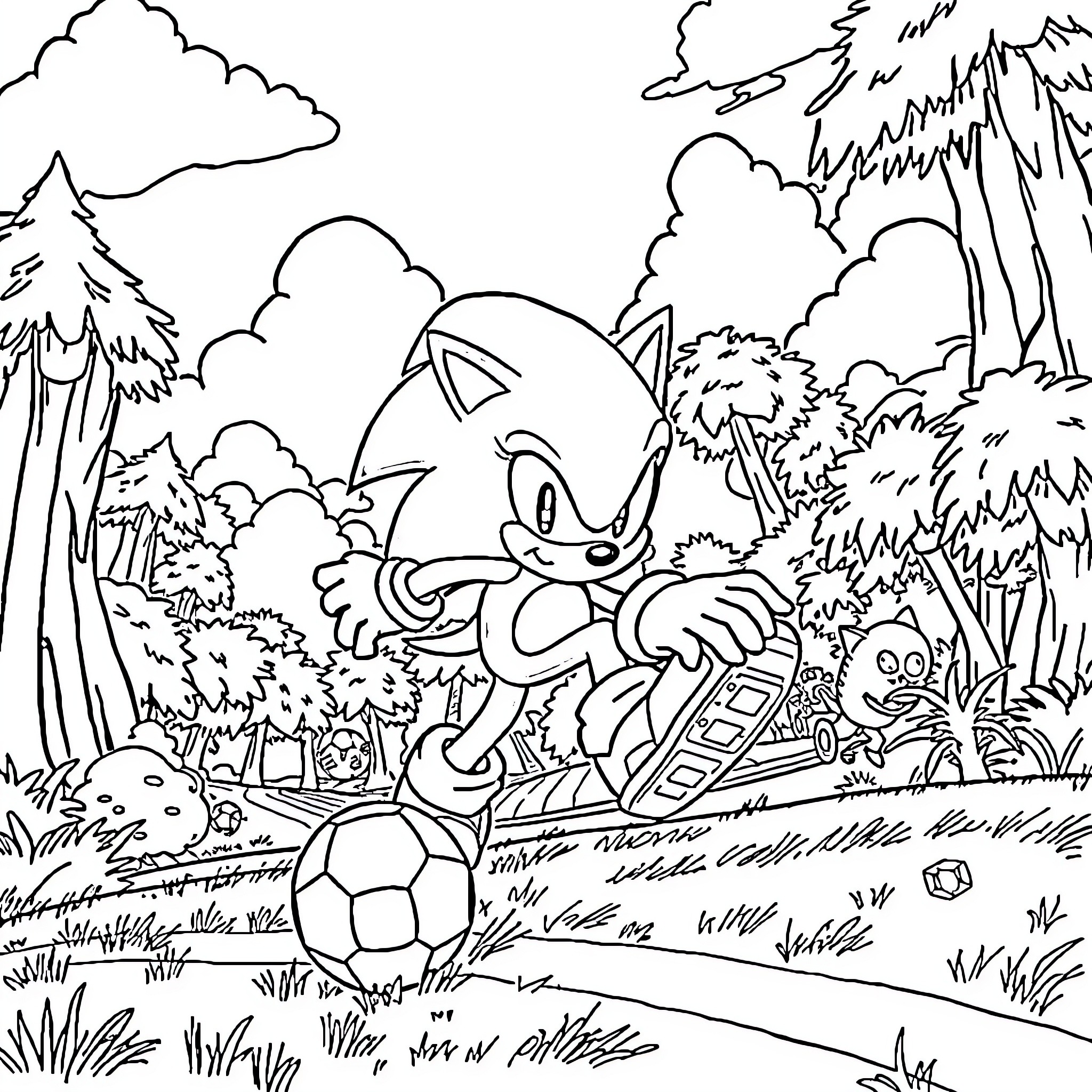 Sonic in a lively outdoor scene Coloring Page (free black-and-white line drawing printable PDF for all, from beginners to advanced learners, including children, teens, adults, and seniors)