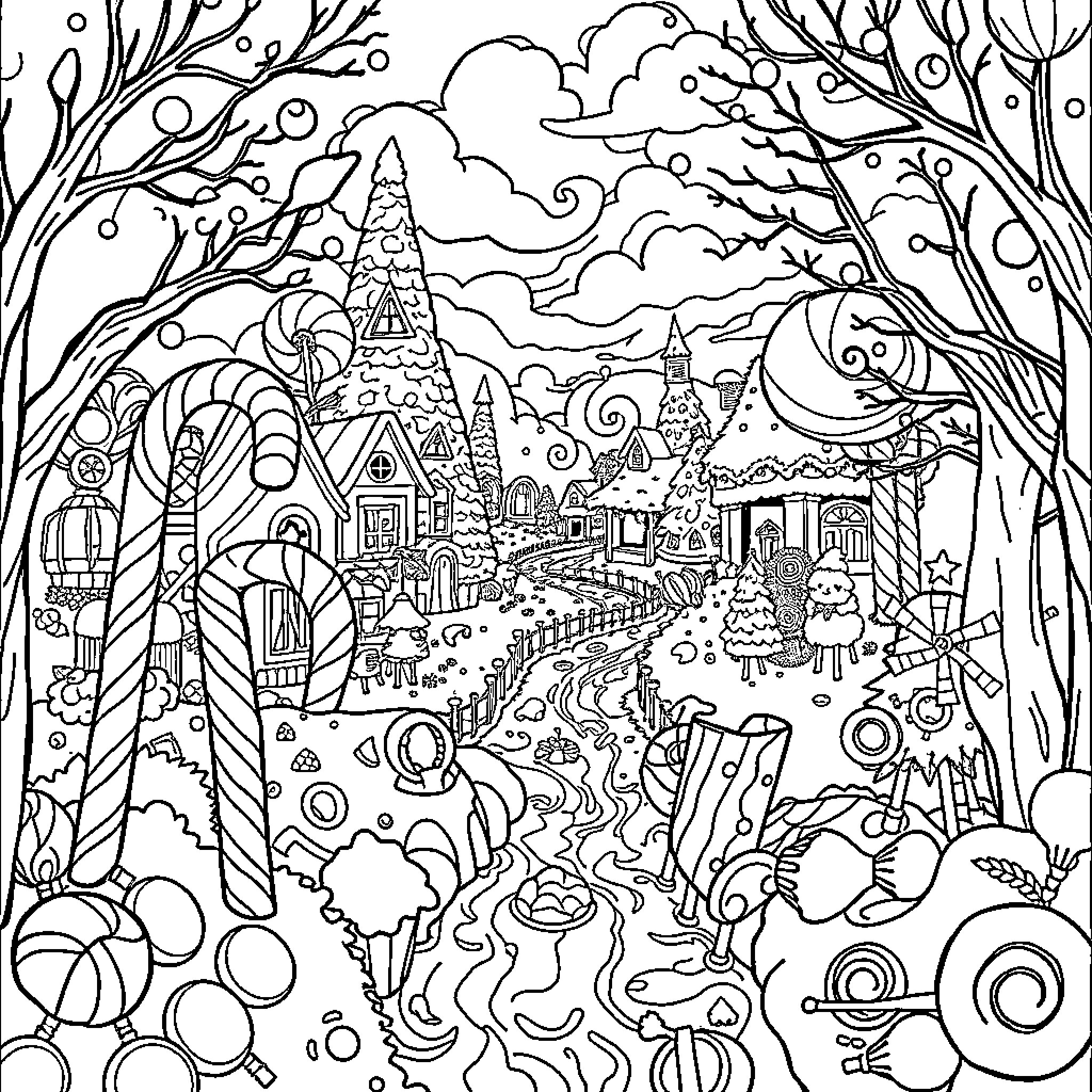 Candyland's Whimsical Winter Wonderland Coloring Page (free black-and-white line drawing printable PDF for all, from beginners to advanced learners, including children, teens, adults, and seniors)