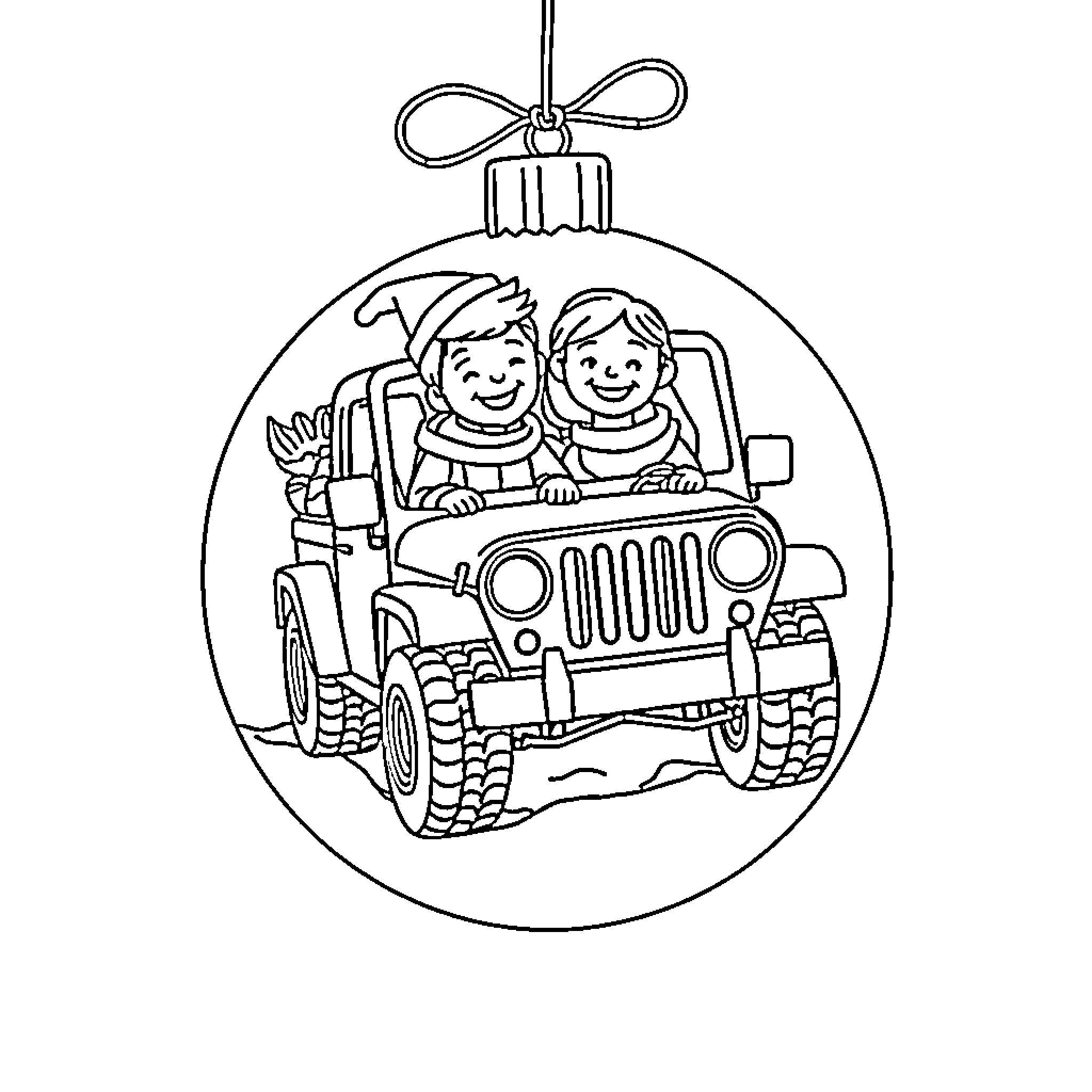 Couple enjoying a jeep ride in ornament Coloring Page (free black-and-white line drawing printable PDF for all, from beginners to advanced learners, including children, teens, adults, and seniors)