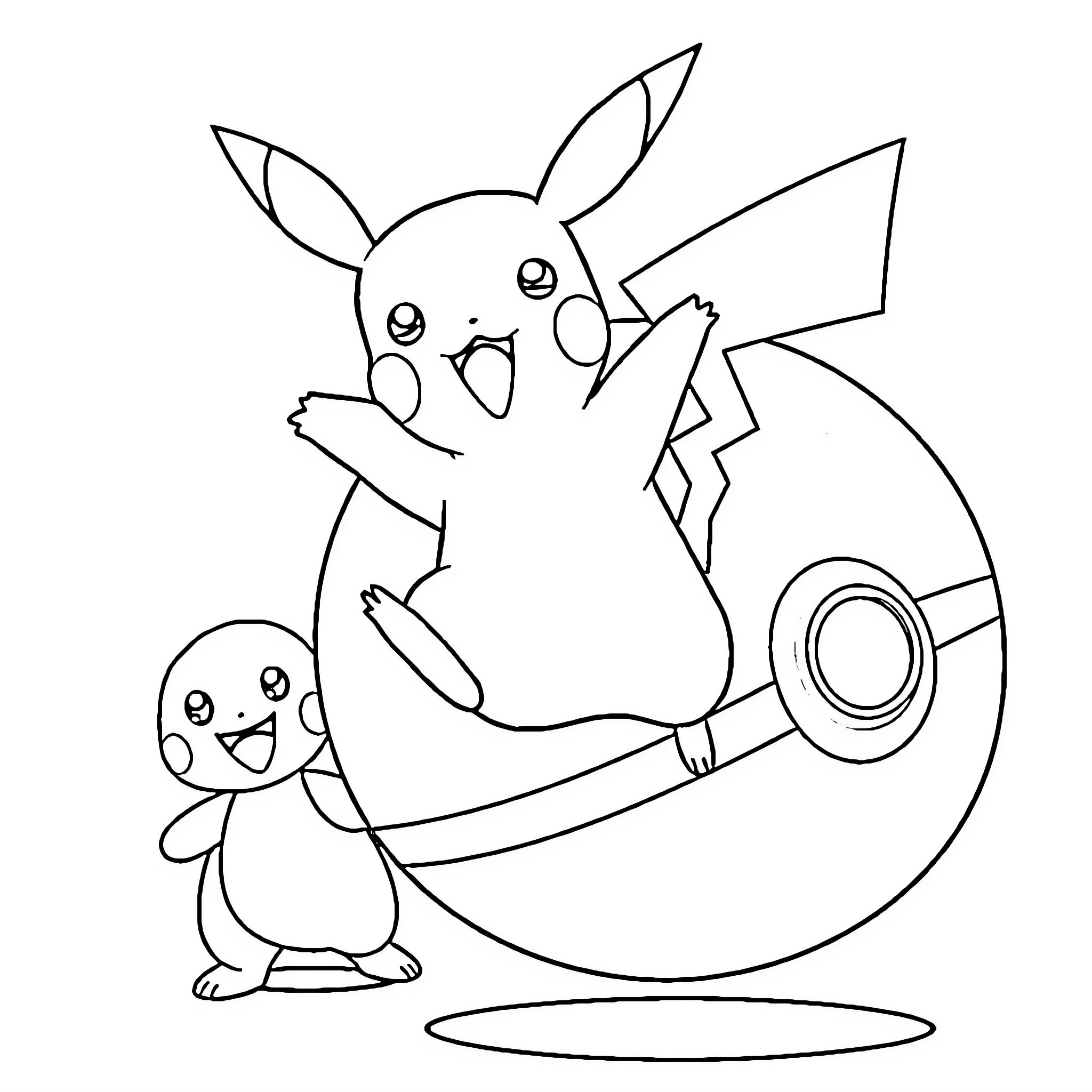 Pikachu and Piplup playing with a Poke Ball Coloring Page (free black-and-white line drawing printable PDF for all, from beginners to advanced learners, including children, teens, adults, and seniors)