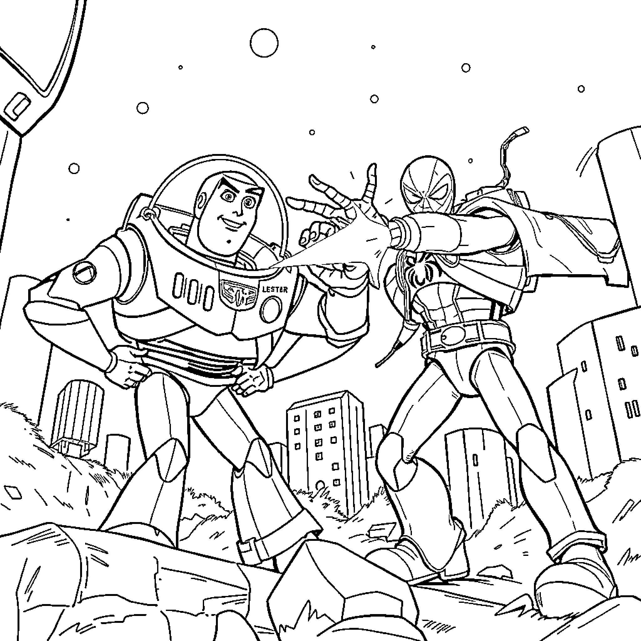 Buzz Lightyear and Spider-Man posing heroically together Coloring Page (free black-and-white line drawing printable PDF for all, from beginners to advanced learners, including children, teens, adults, and seniors)