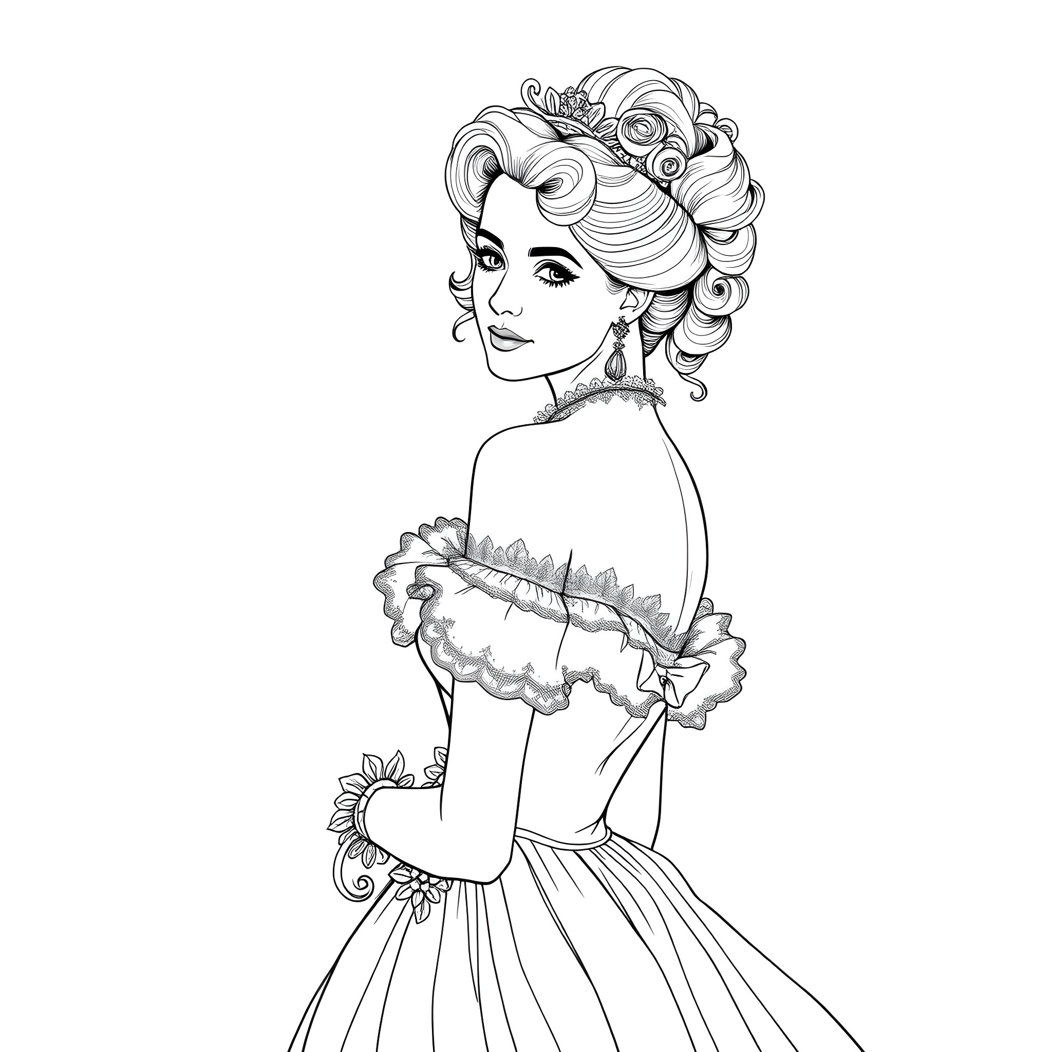Woman in elegant vintage dress and hairstyle Coloring Page (free black-and-white line drawing printable PDF for all, from beginners to advanced learners, including children, teens, adults, and seniors)