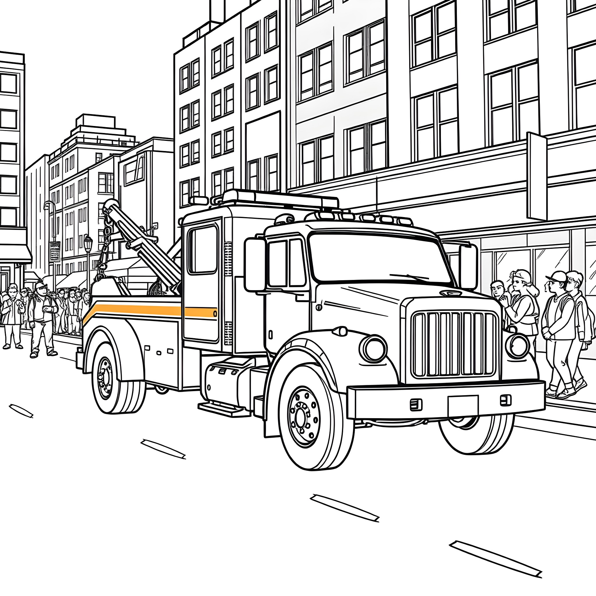 Tow Truck Assisting on City Street Coloring Page (free black-and-white line drawing printable PDF for all, from beginners to advanced learners, including children, teens, adults, and seniors)