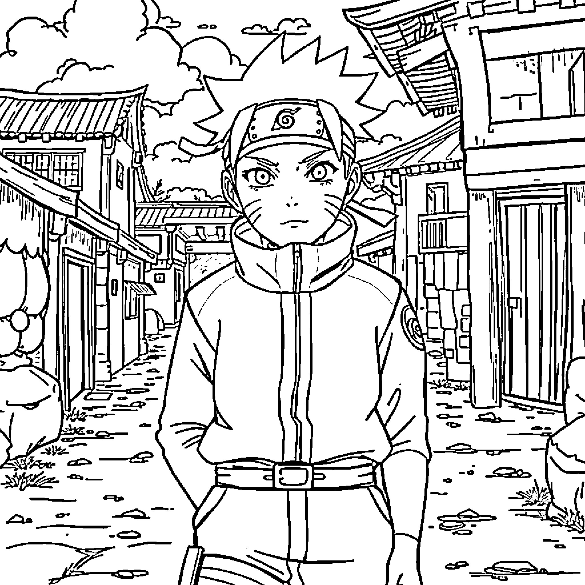 Naruto's Ninja Adventure in a Quaint Village Coloring Page (free black-and-white line drawing printable PDF for all, from beginners to advanced learners, including children, teens, adults, and seniors)