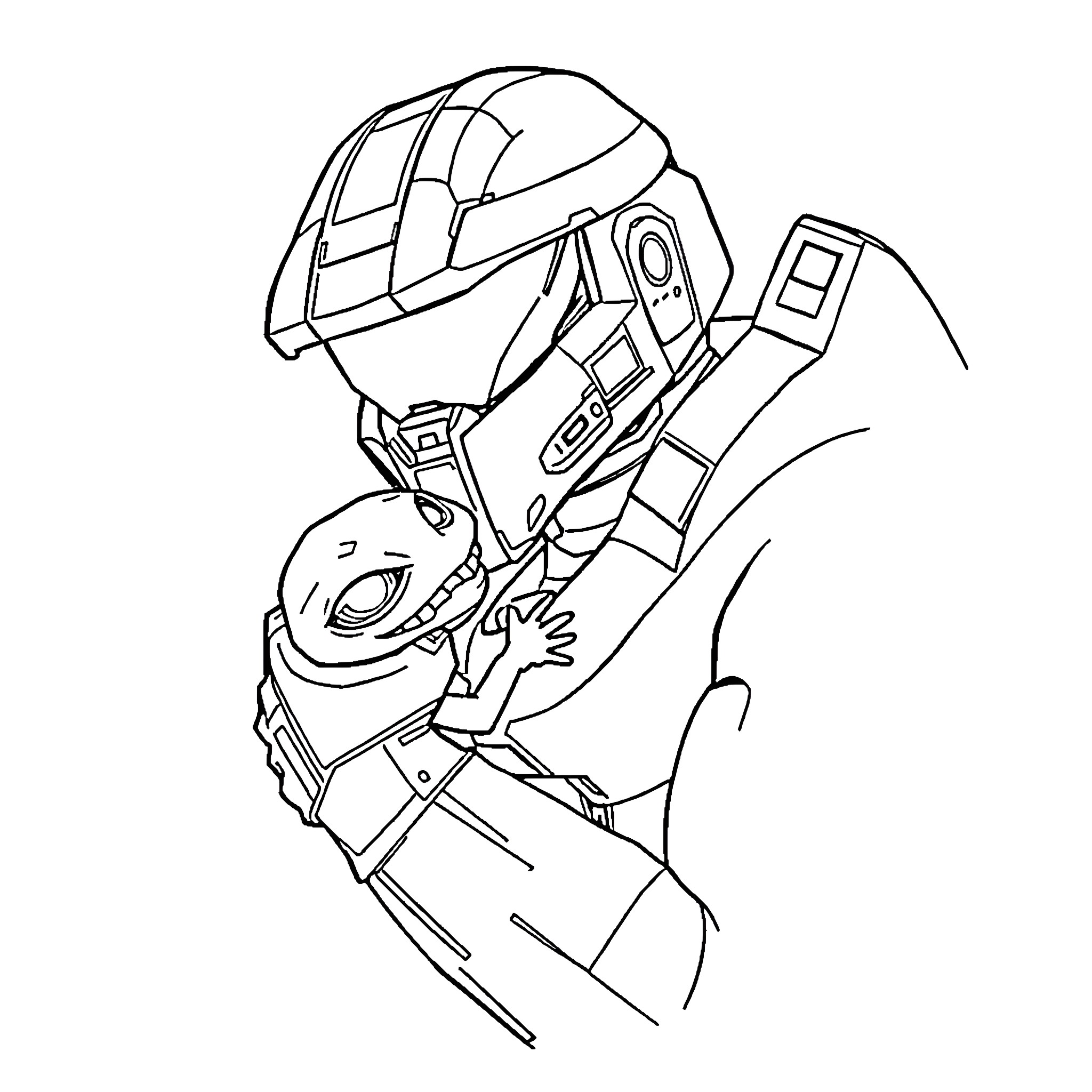 Master Chief in battle stance with advanced weapon Coloring Page (free black-and-white line drawing printable PDF for all, from beginners to advanced learners, including children, teens, adults, and seniors)