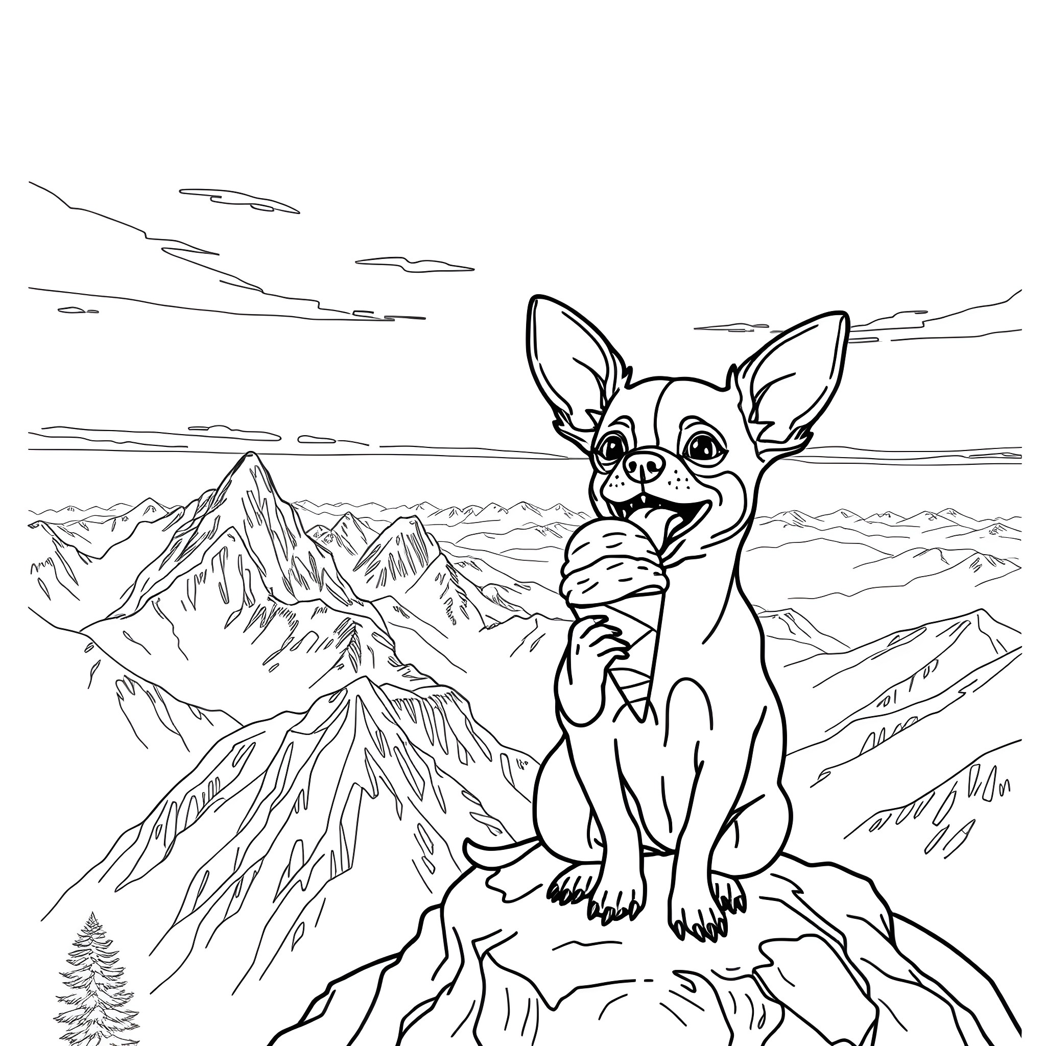 Chihuahua exploring the majestic mountains Coloring Page (free black-and-white line drawing printable PDF for all, from beginners to advanced learners, including children, teens, adults, and seniors)