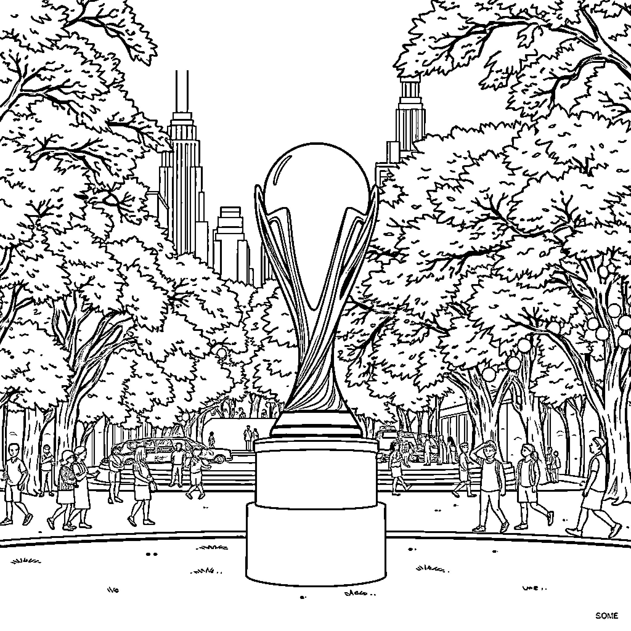 Trophy of prestigious sporting event in urban park Coloring Page (free black-and-white line drawing printable PDF for all, from beginners to advanced learners, including children, teens, adults, and seniors)