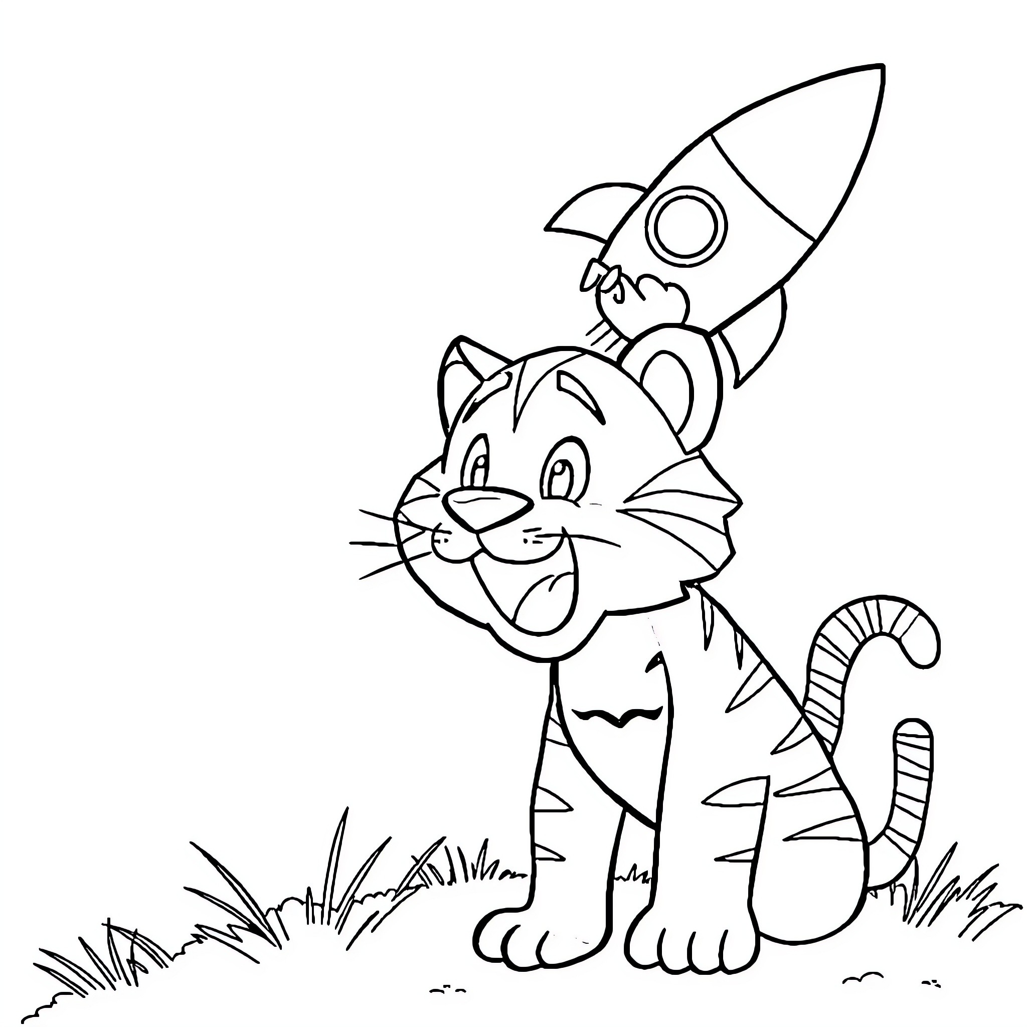 Tiger cub exploring with rocket toy Coloring Page (free black-and-white line drawing printable PDF for all, from beginners to advanced learners, including children, teens, adults, and seniors)