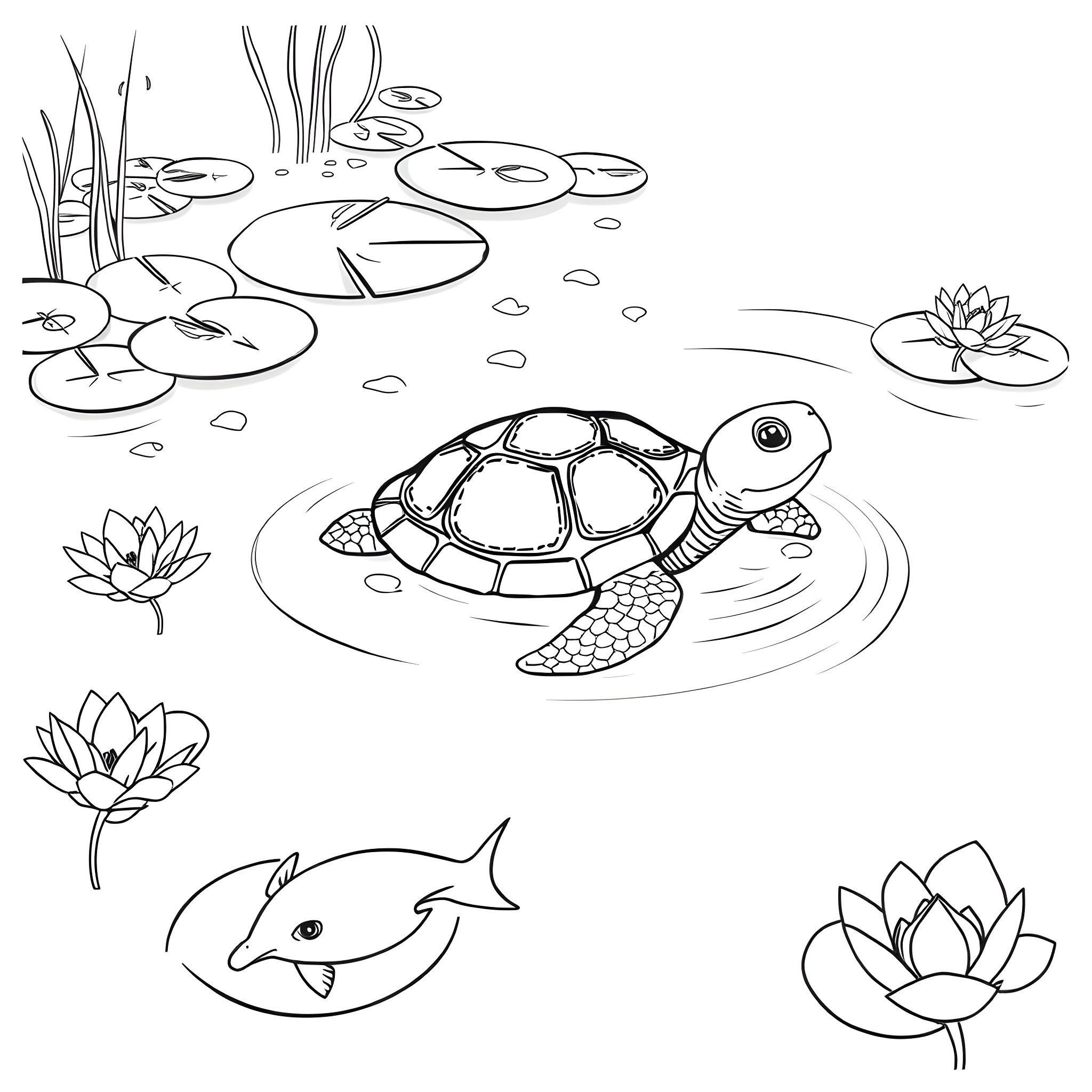 Turtle swimming in a pond with lily pads Coloring Page (free black-and-white line drawing printable PDF for all, from beginners to advanced learners, including children, teens, adults, and seniors)