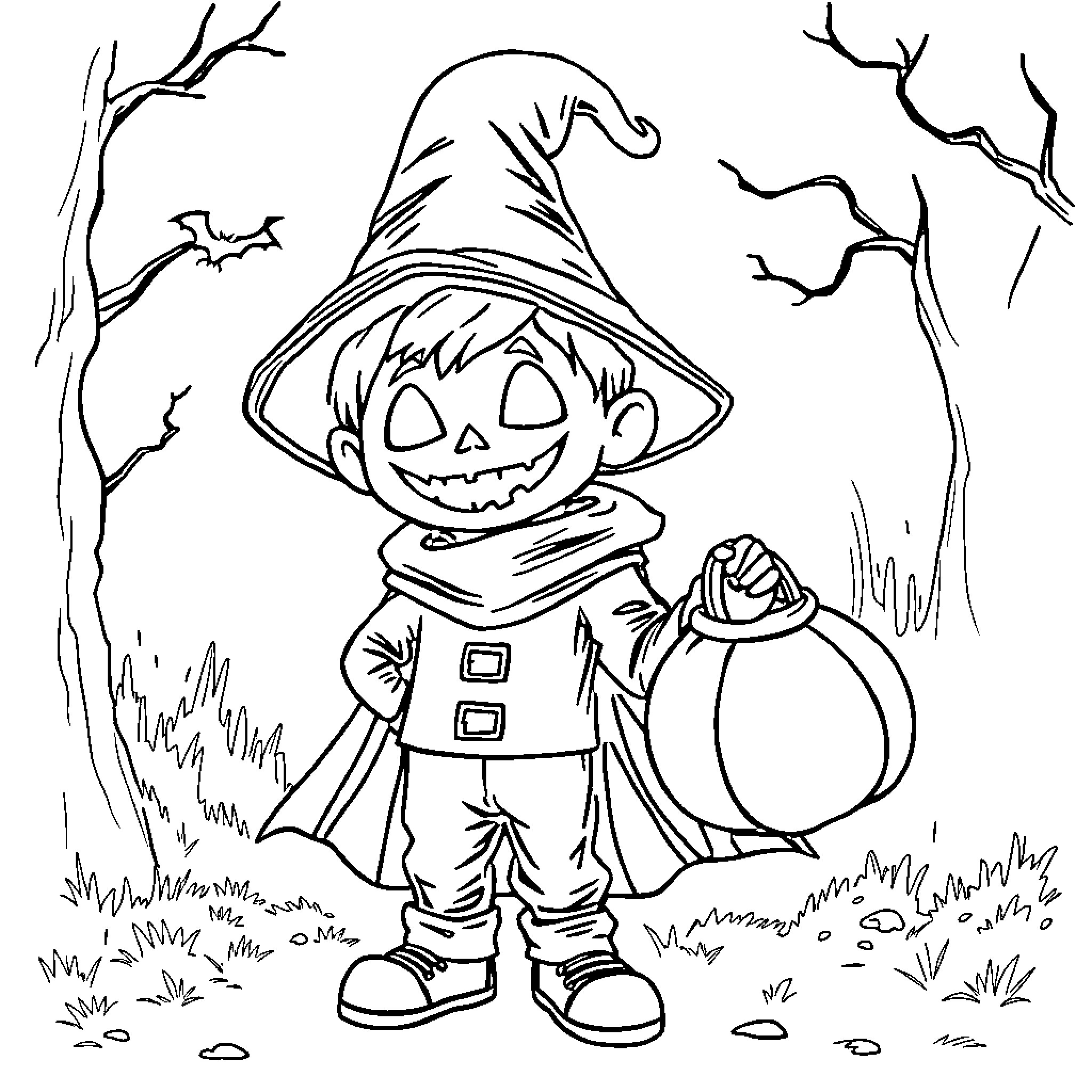 Sam the Smiling Pumpkin-Headed Trick-or-Treater Coloring Page (free black-and-white line drawing printable PDF for all, from beginners to advanced learners, including children, teens, adults, and seniors)