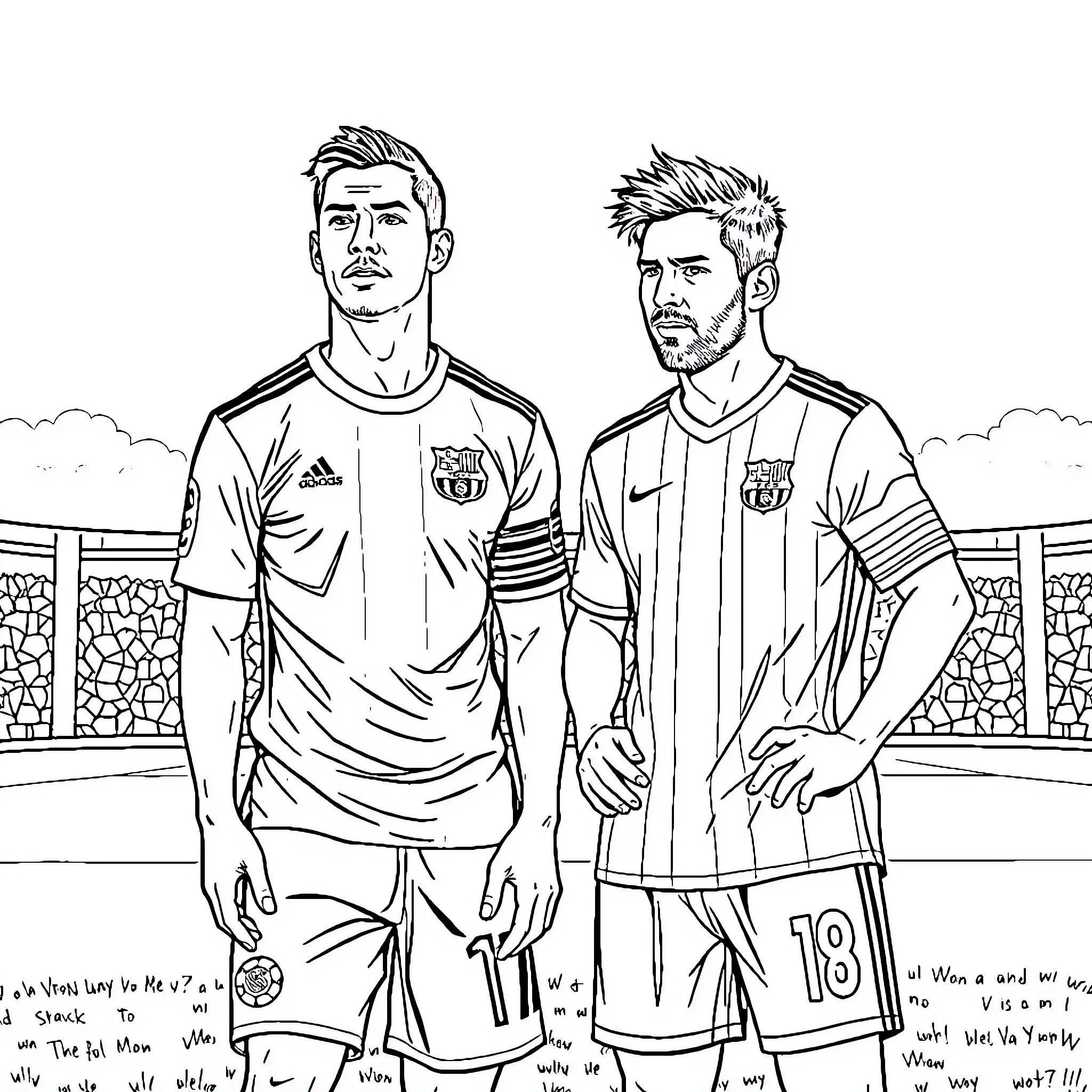 Ronaldo and Messi facing off on the soccer field Coloring Page (free black-and-white line drawing printable PDF for all, from beginners to advanced learners, including children, teens, adults, and seniors)