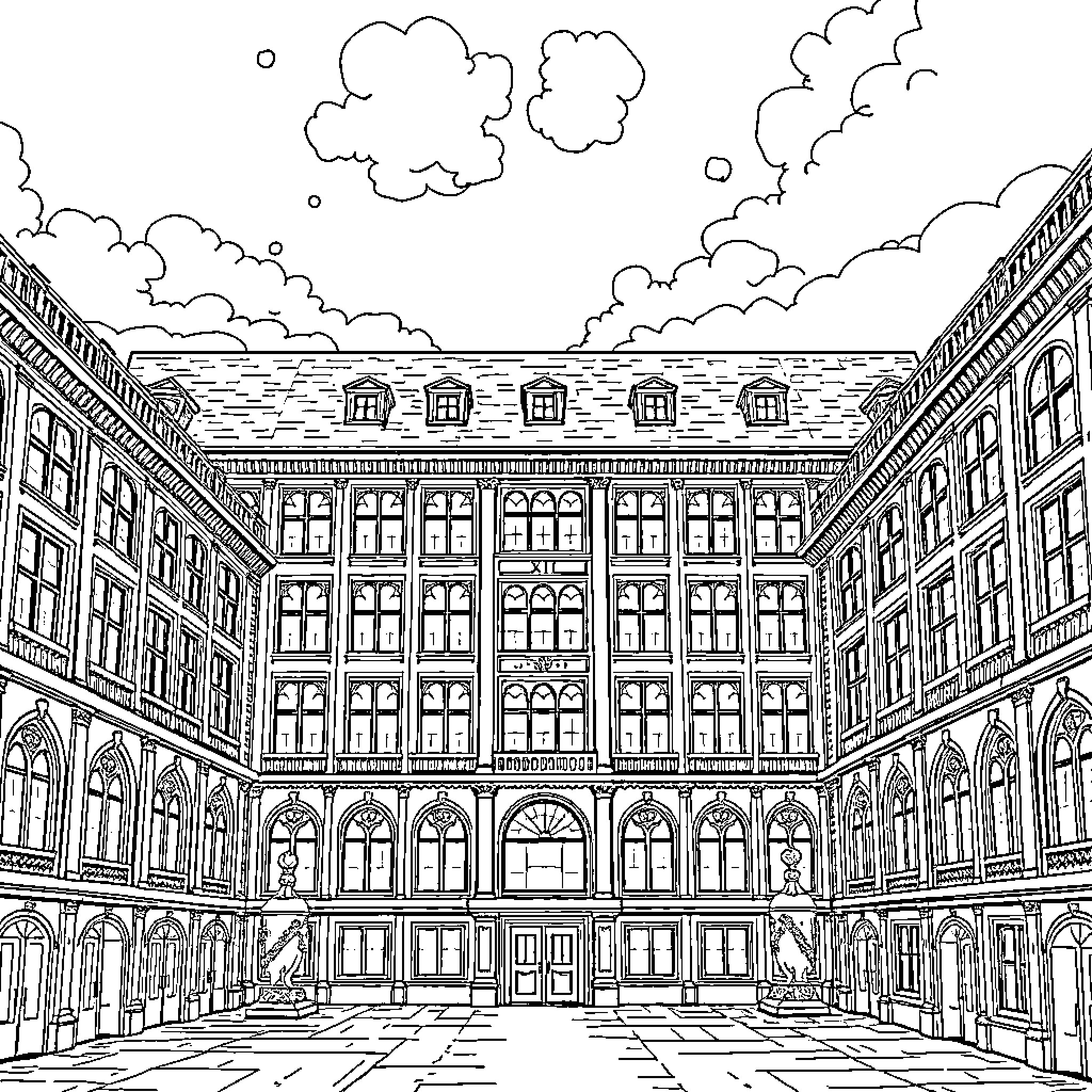 Wing of Classical Architectural Buildings in the Courtyard Coloring Page (free black-and-white line drawing printable PDF for all, from beginners to advanced learners, including children, teens, adults, and seniors)
