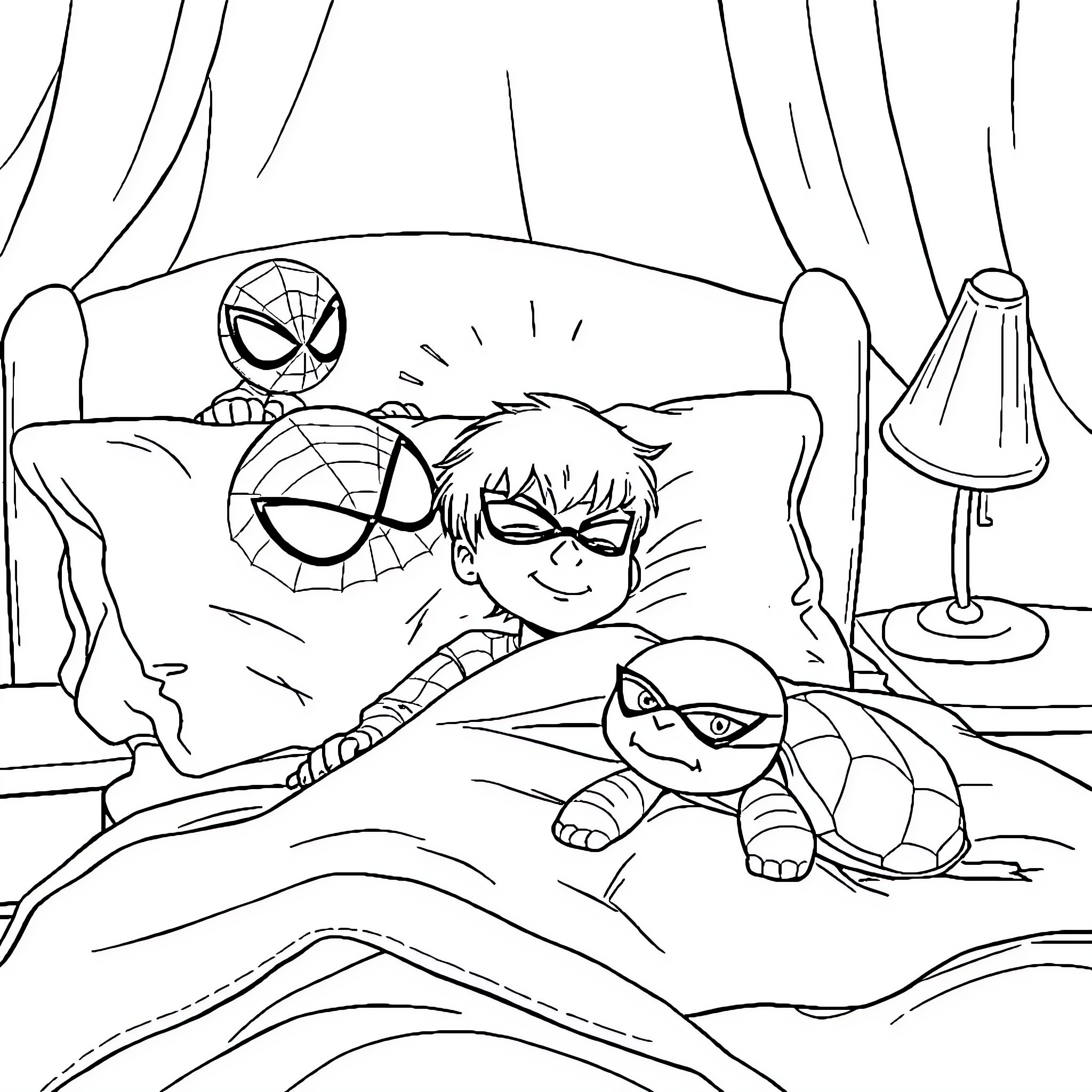 Teddy Bear, Plush Toys, and Bedtime Fun Coloring Page (free black-and-white line drawing printable PDF for all, from beginners to advanced learners, including children, teens, adults, and seniors)