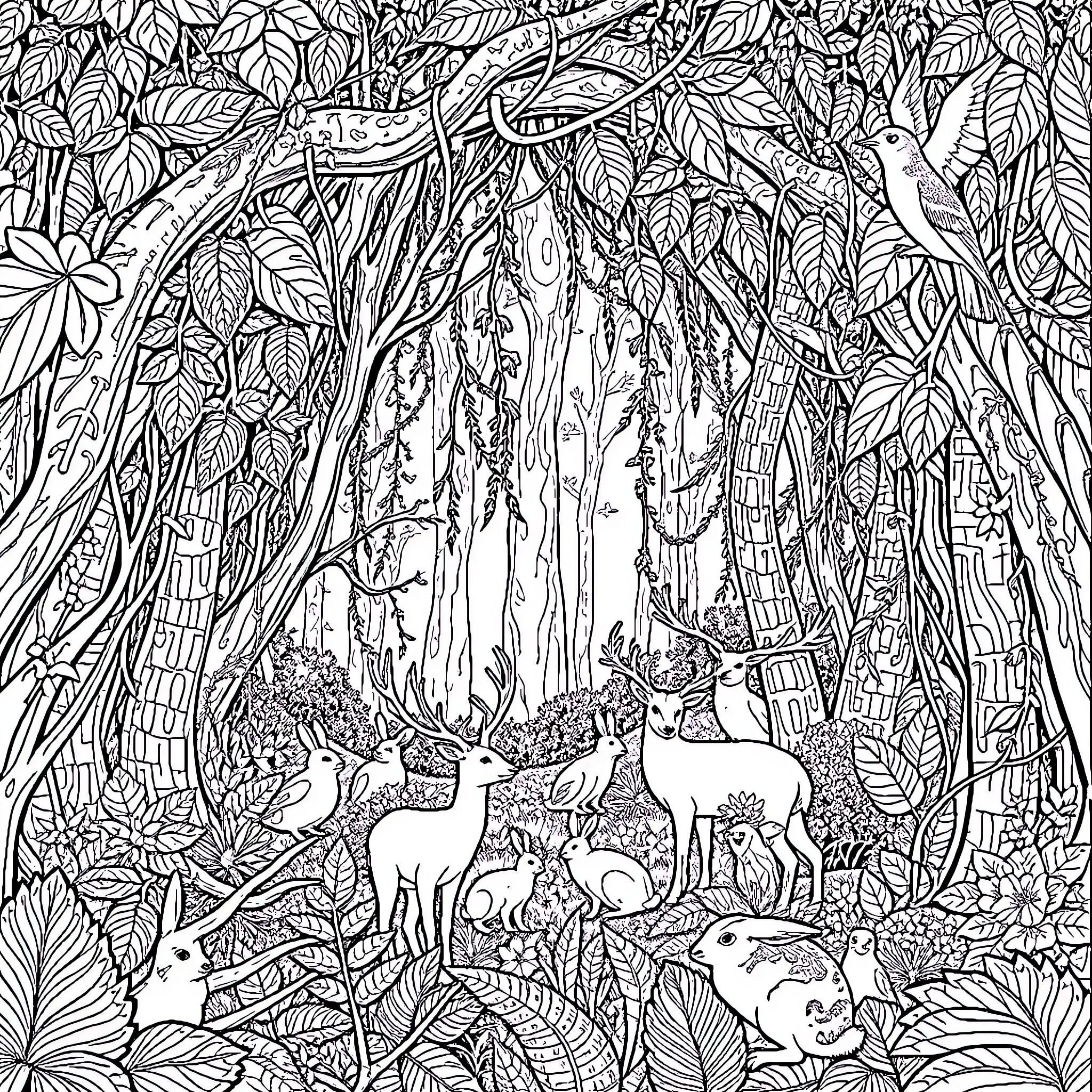 Animal family in magical woodland scene Coloring Page (free black-and-white line drawing printable PDF for all, from beginners to advanced learners, including children, teens, adults, and seniors)