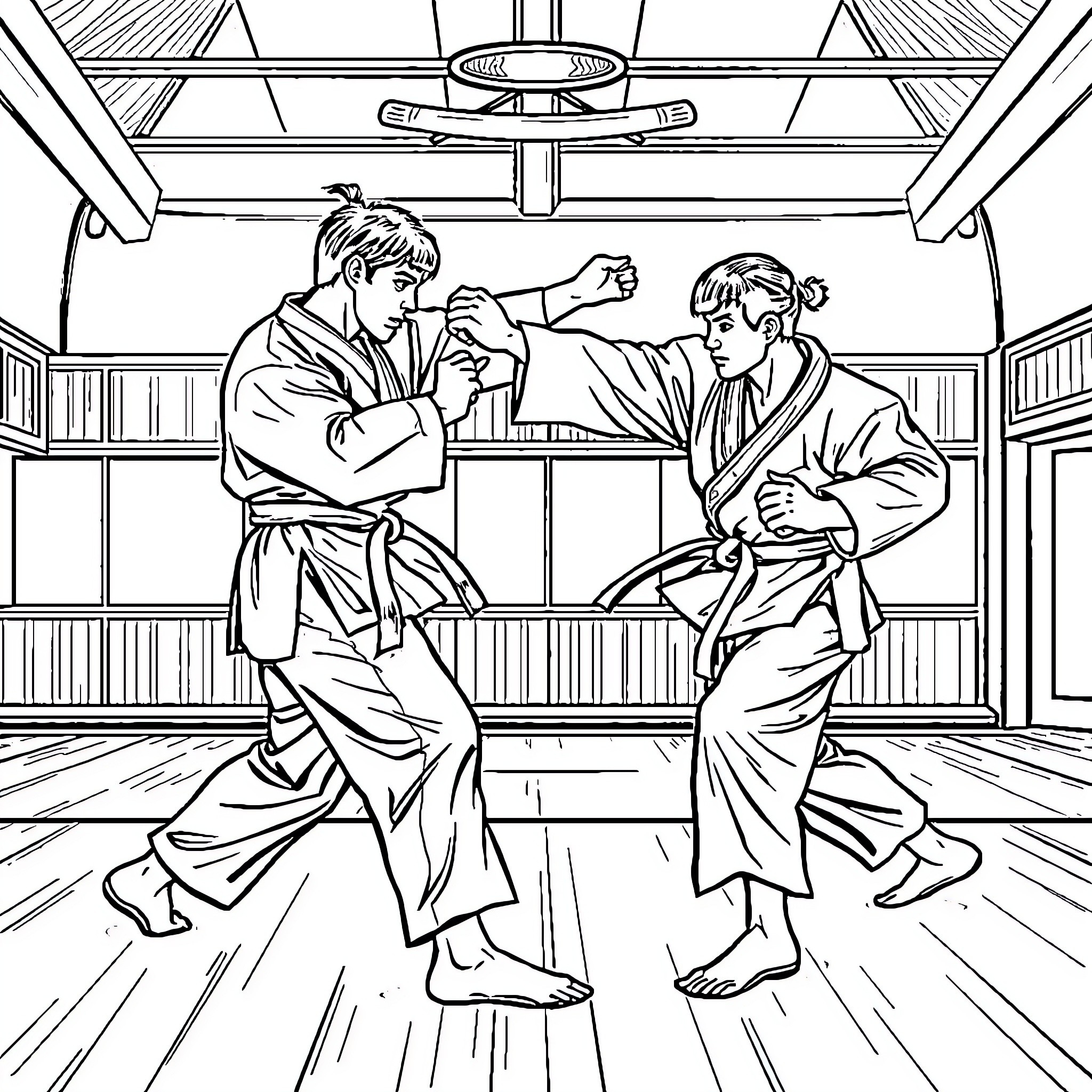 Taekwondo martial arts sparring in traditional dojo Coloring Page (free black-and-white line drawing printable PDF for all, from beginners to advanced learners, including children, teens, adults, and seniors)