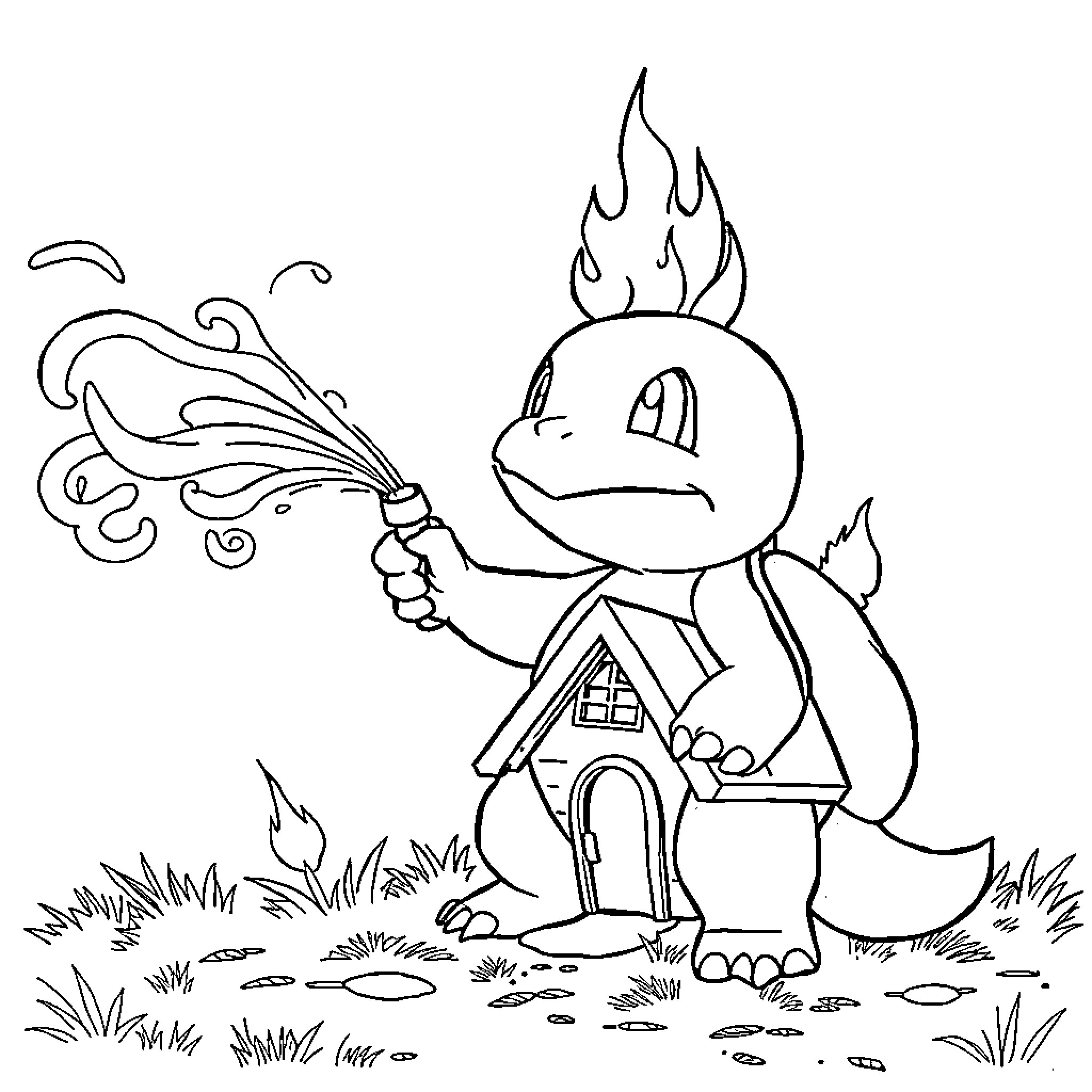 Squirtle with Fire Blasting from His Mouth by a Cottage Coloring Page (free black-and-white line drawing printable PDF for all, from beginners to advanced learners, including children, teens, adults, and seniors)