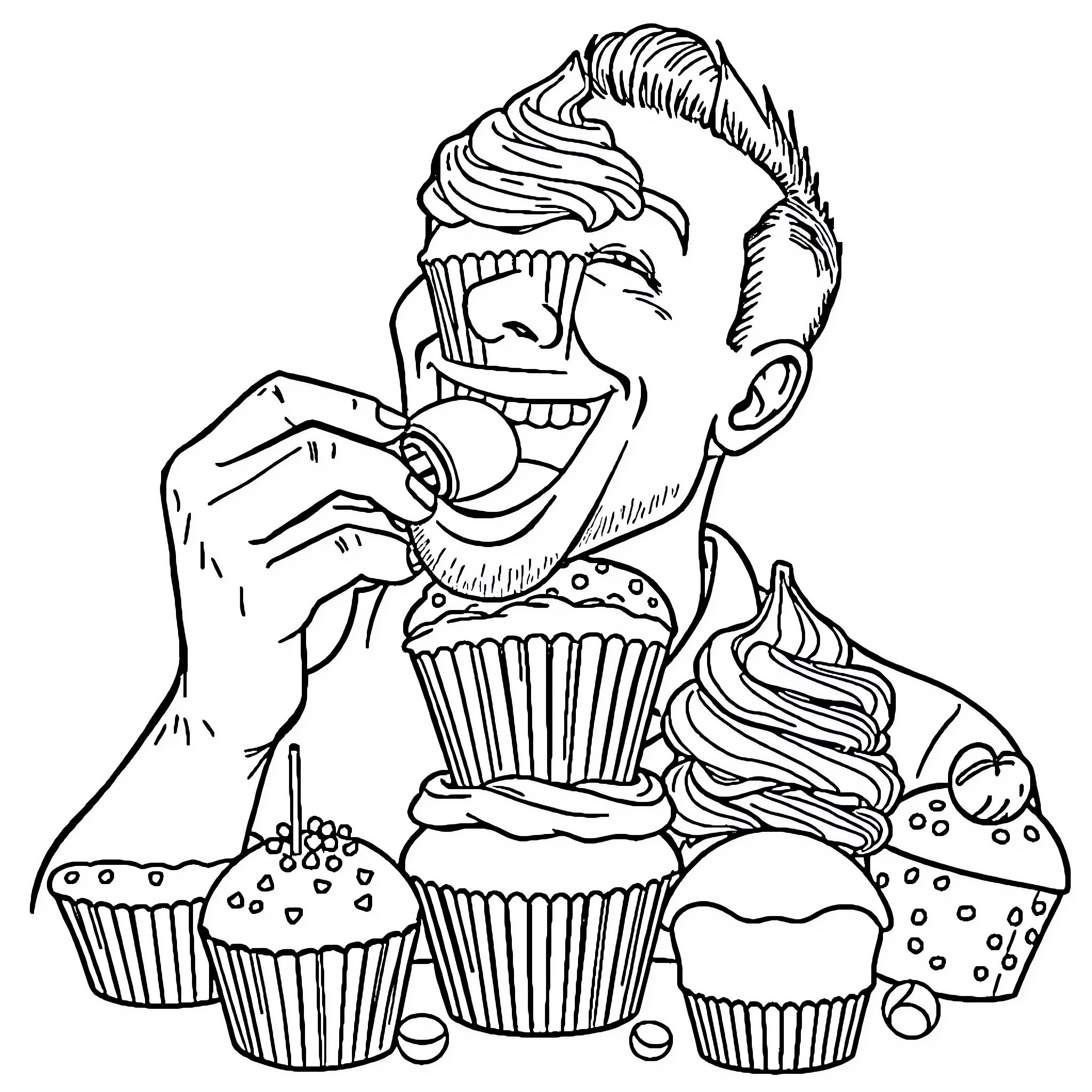 Man delightfully savoring delectable cupcakes Coloring Page (free black-and-white line drawing printable PDF for all, from beginners to advanced learners, including children, teens, adults, and seniors)