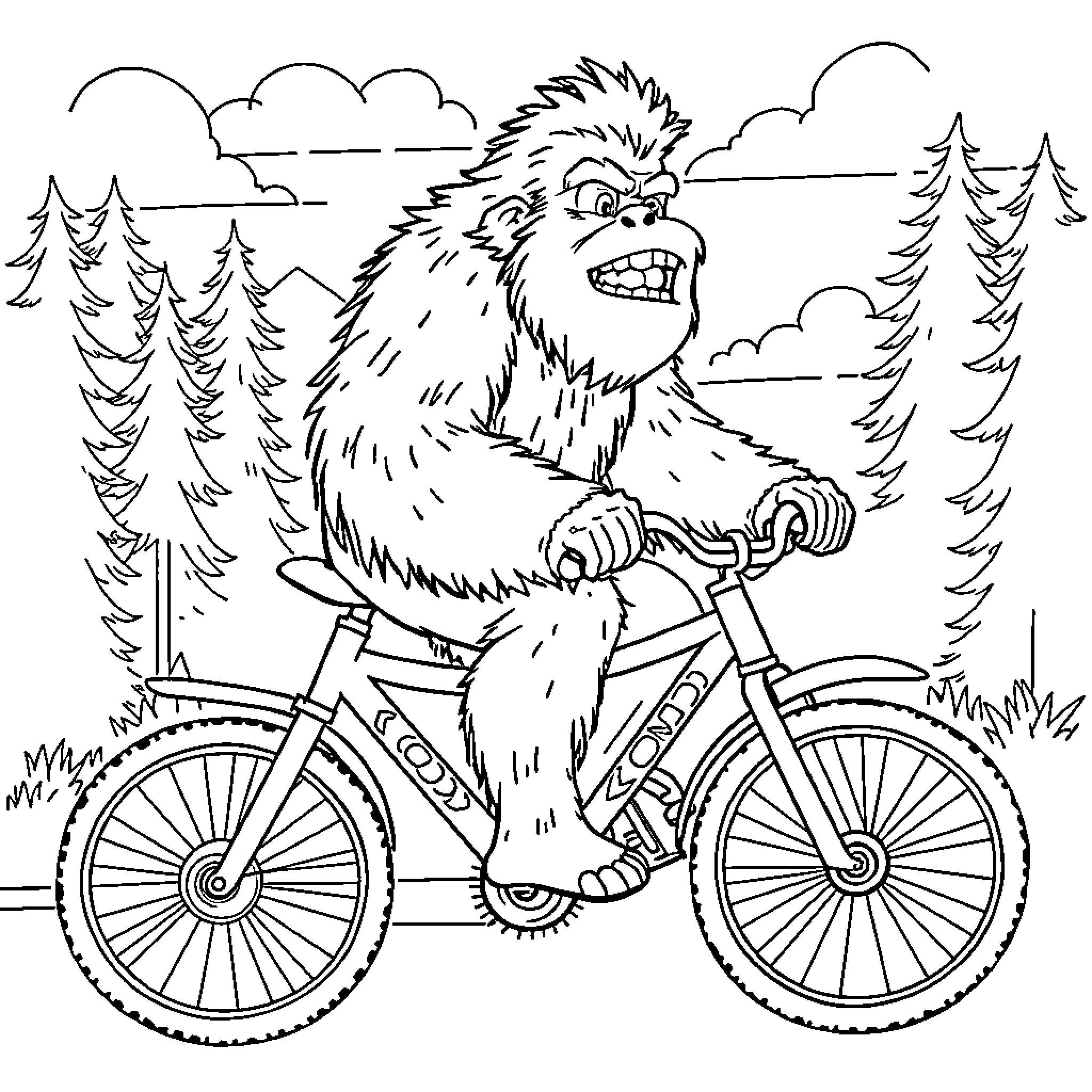 Sasquatch riding a bicycle in the forest Coloring Page (free black-and-white line drawing printable PDF for all, from beginners to advanced learners, including children, teens, adults, and seniors)