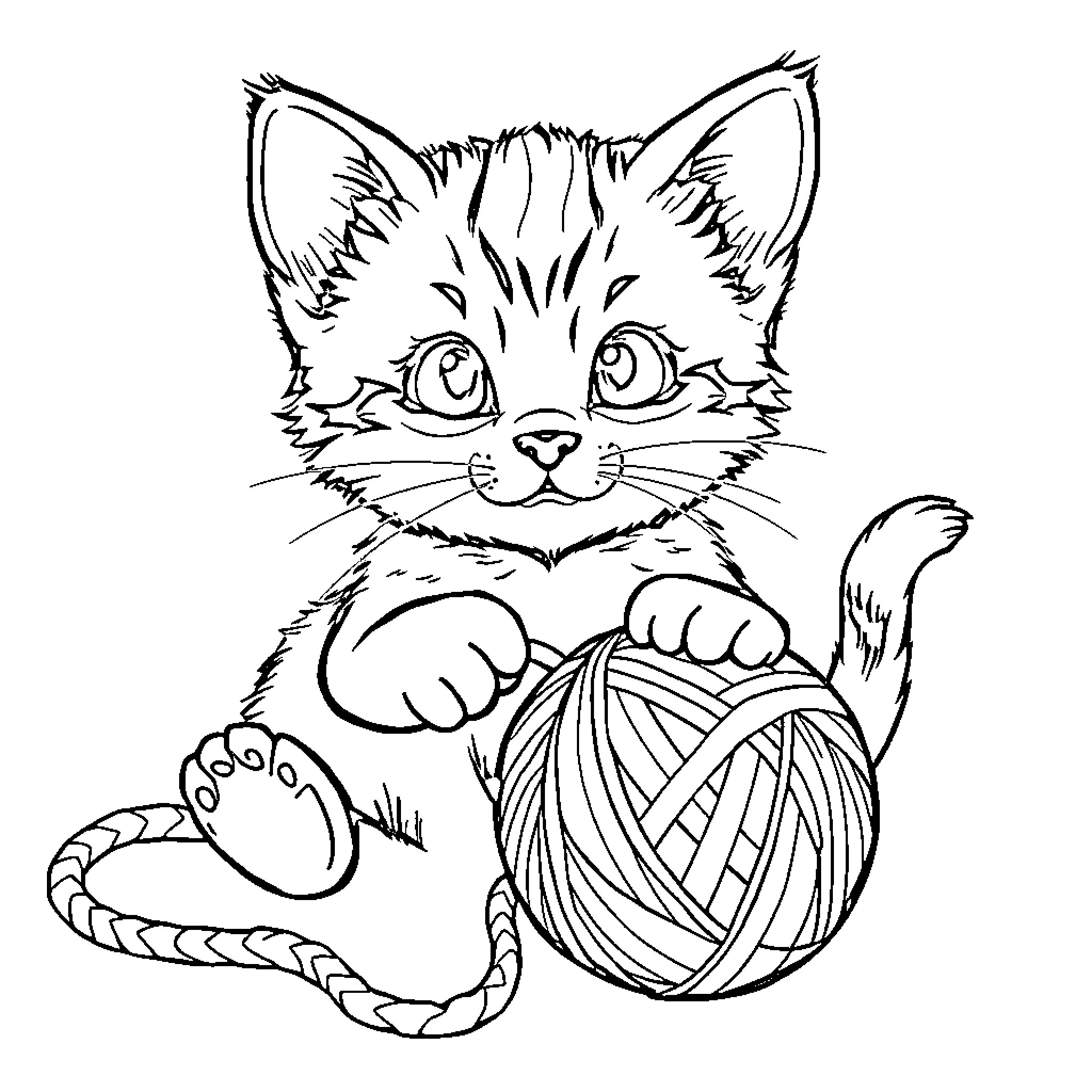 Kitty playing with yarn ball Coloring Page (free black-and-white line drawing printable PDF for all, from beginners to advanced learners, including children, teens, adults, and seniors)