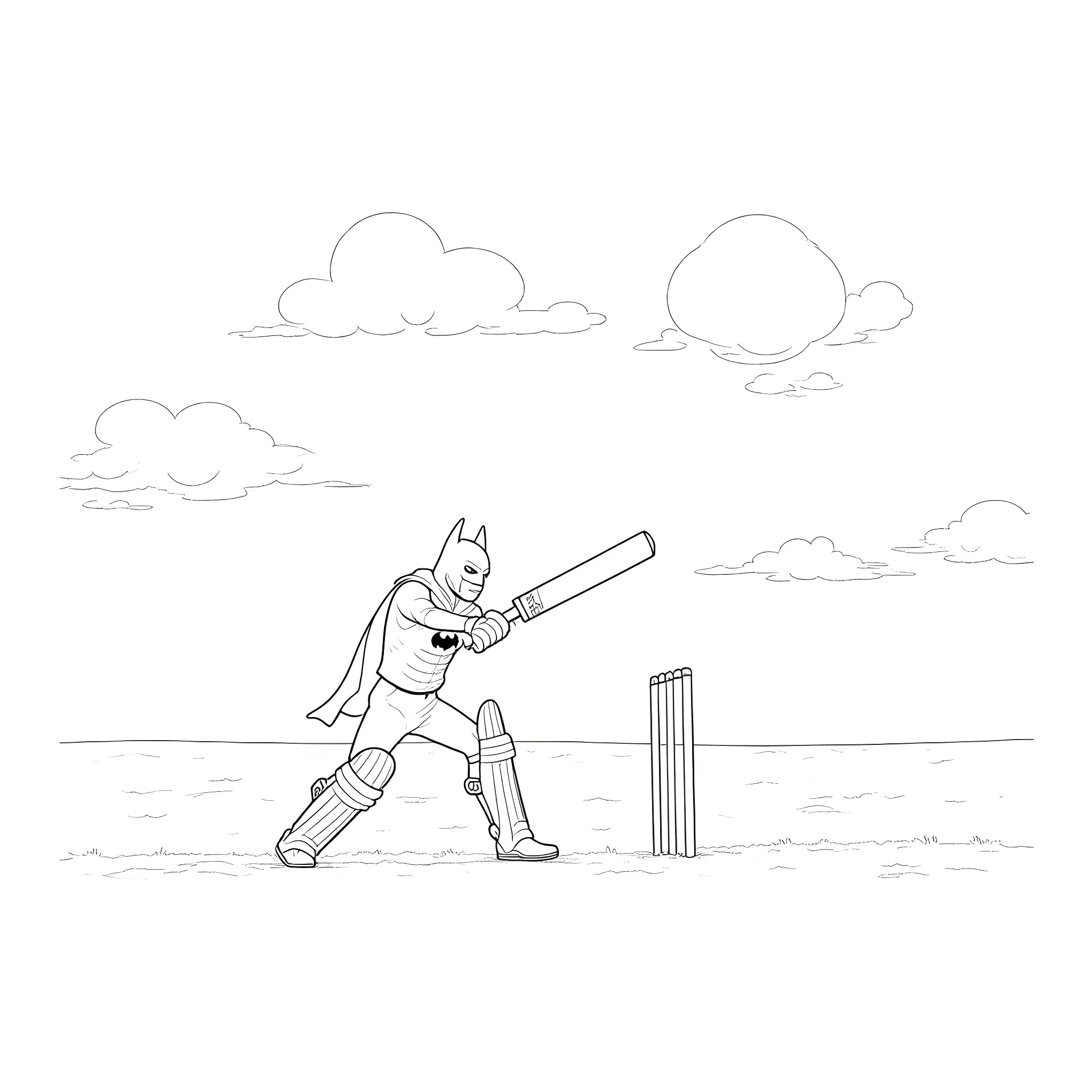 Batman batting at a cricket ball on the field Coloring Page (free black-and-white line drawing printable PDF for all, from beginners to advanced learners, including children, teens, adults, and seniors)