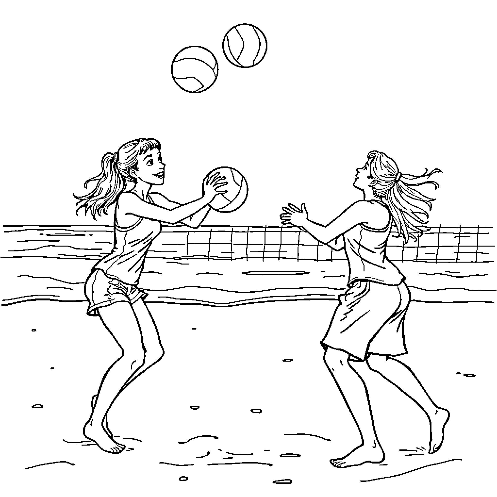 Girl Volleyball Players in Beach Game Coloring Page (free black-and-white line drawing printable PDF for all, from beginners to advanced learners, including children, teens, adults, and seniors)