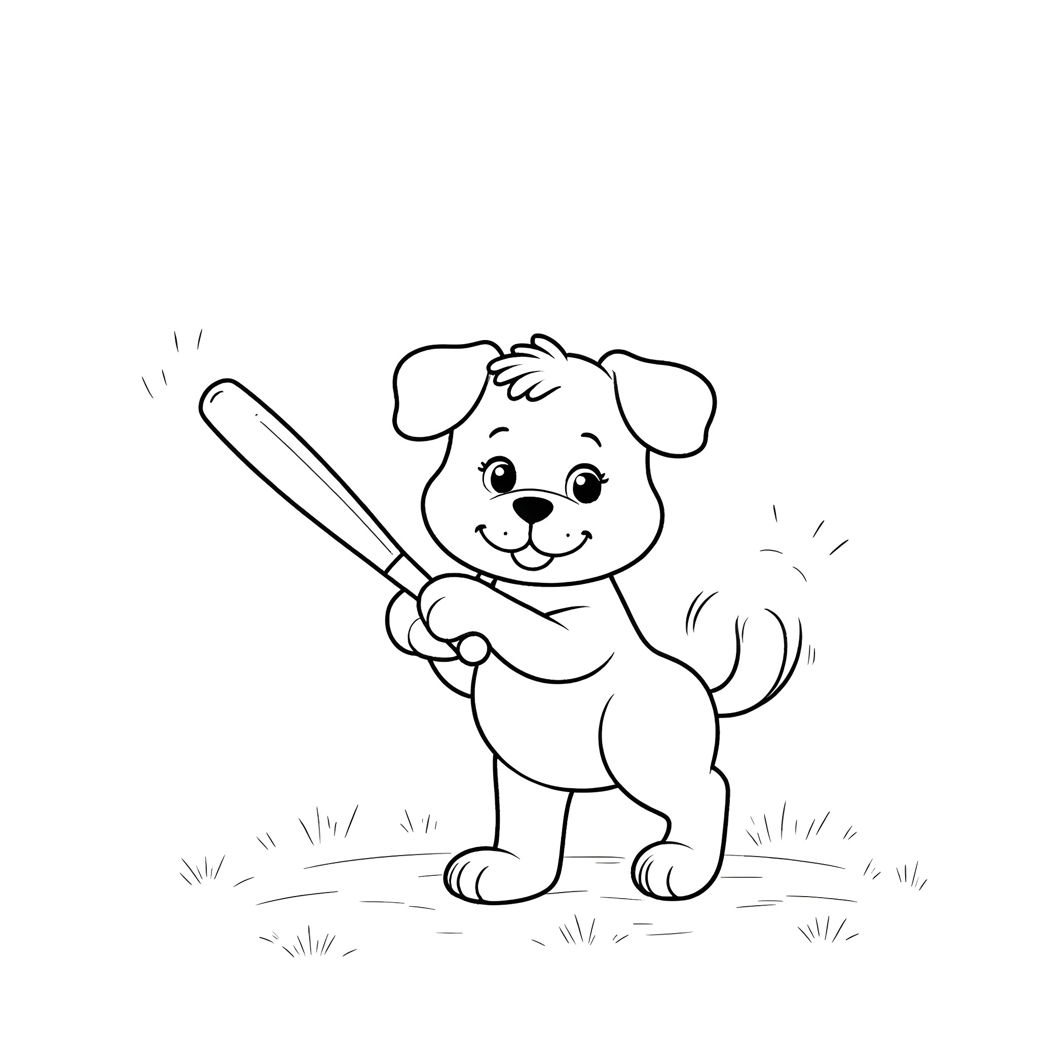 Bluey playing happily with a bat in the field Coloring Page (free black-and-white line drawing printable PDF for all, from beginners to advanced learners, including children, teens, adults, and seniors)