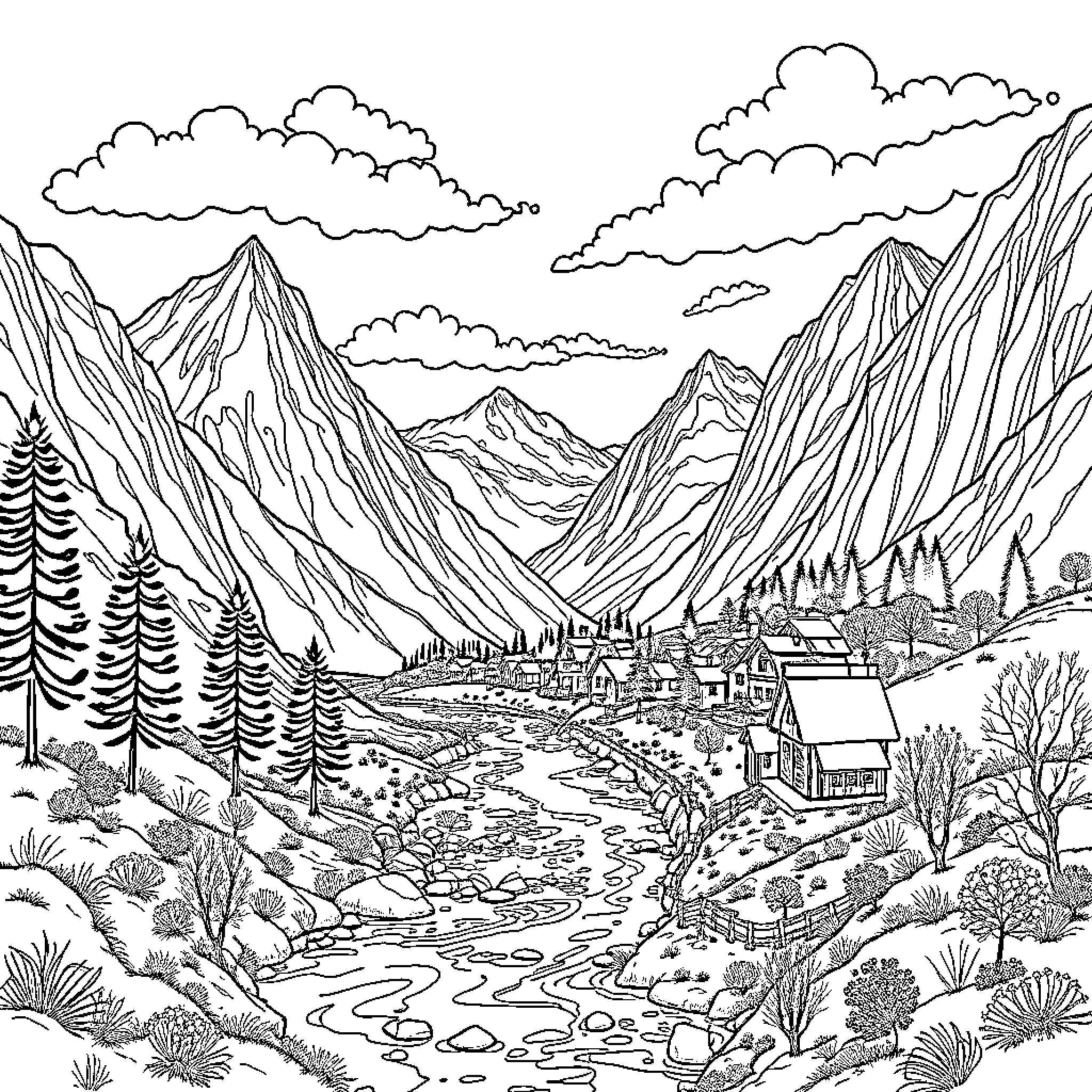 Village nestled in scenic mountain landscape Coloring Page (free black-and-white line drawing printable PDF for all, from beginners to advanced learners, including children, teens, adults, and seniors)