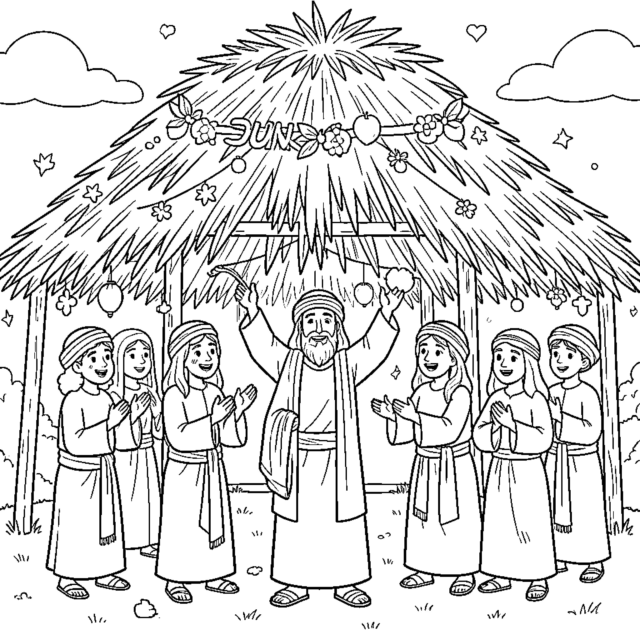 Souccot celebration with people celebrating under a decorated booth Coloring Page (free black-and-white line drawing printable PDF for all, from beginners to advanced learners, including children, teens, adults, and seniors)