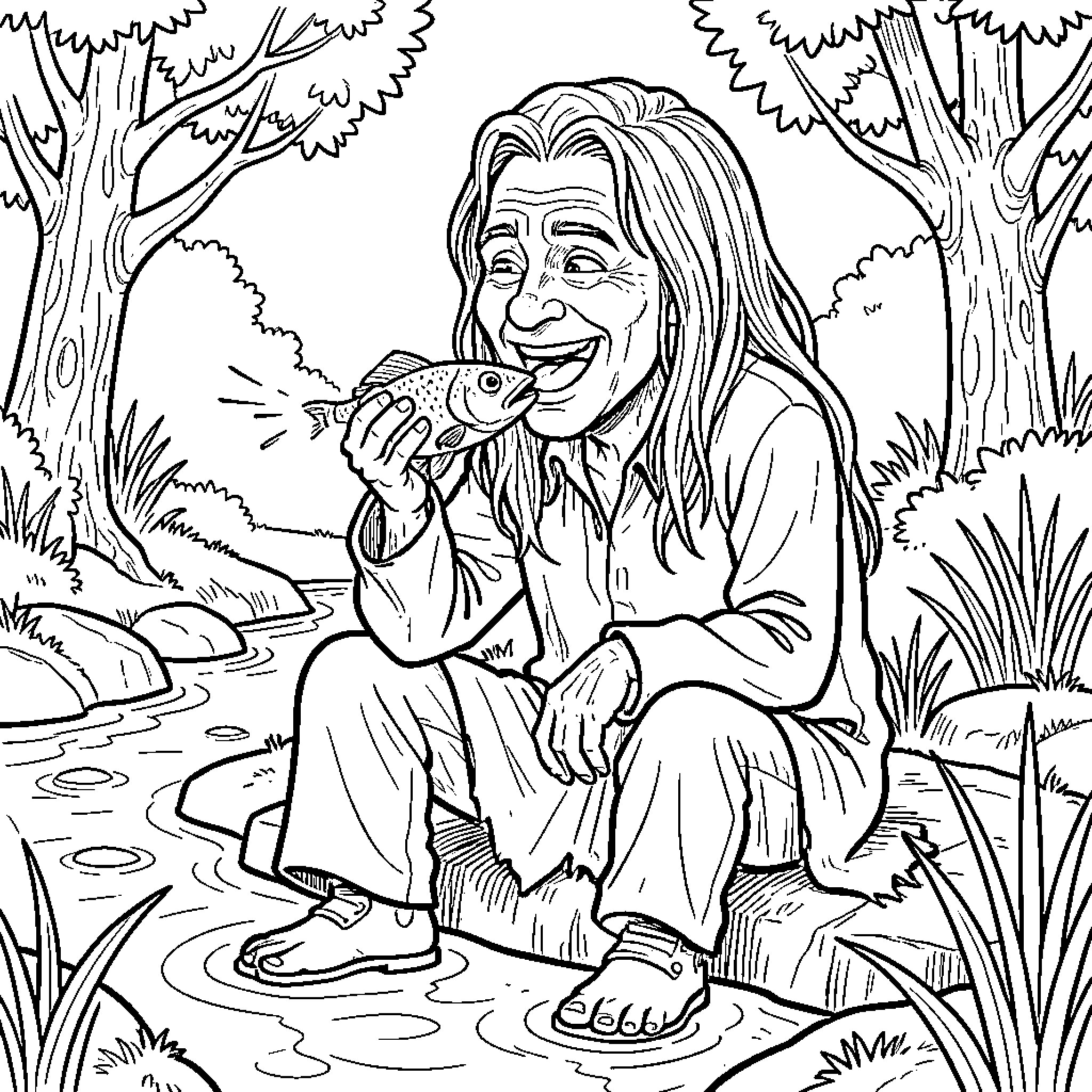 Gollum smiling while holding a large fish by a river Coloring Page (free black-and-white line drawing printable PDF for all, from beginners to advanced learners, including children, teens, adults, and seniors)