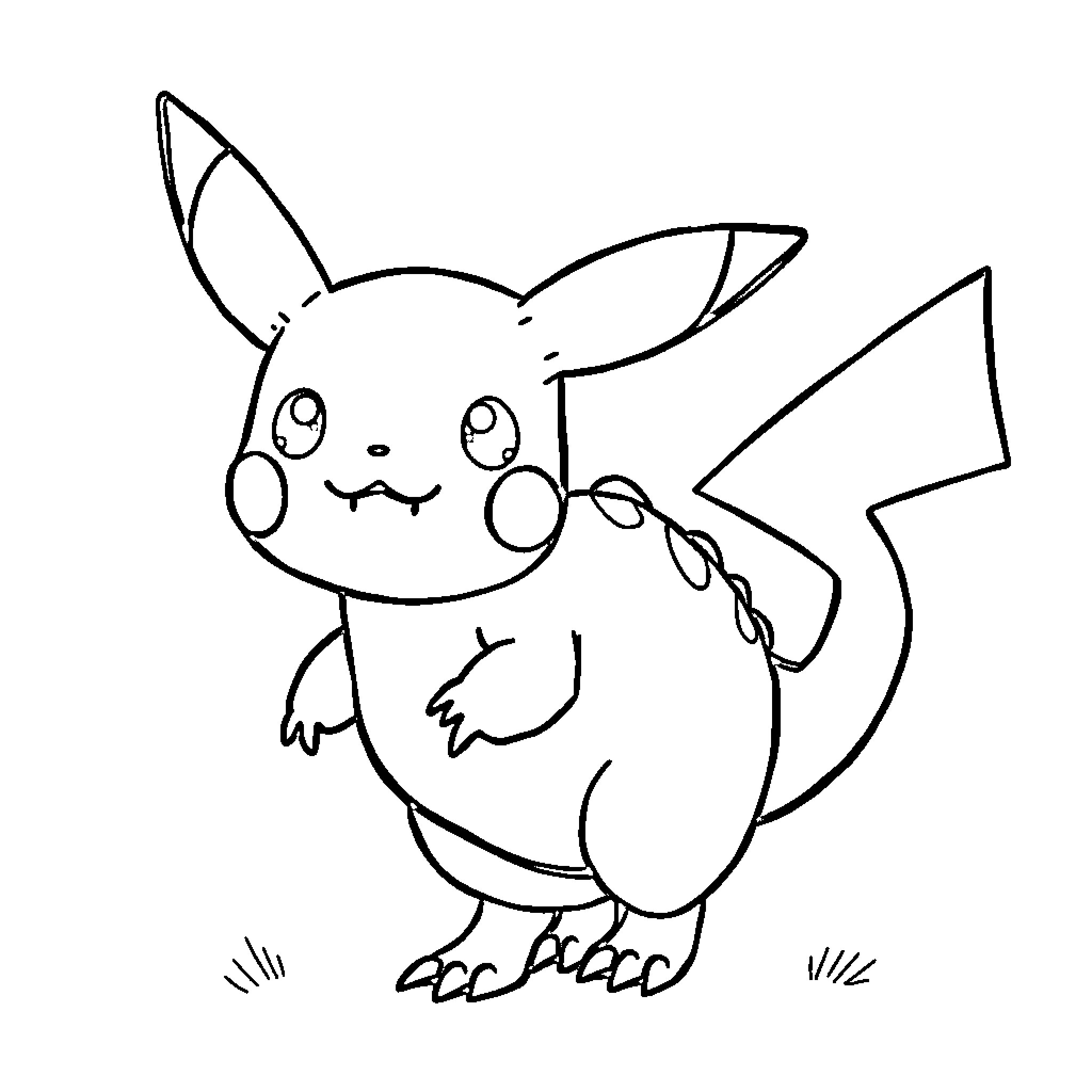 Pikachu expressing happiness in simple line drawing Coloring Page (free black-and-white line drawing printable PDF for all, from beginners to advanced learners, including children, teens, adults, and seniors)