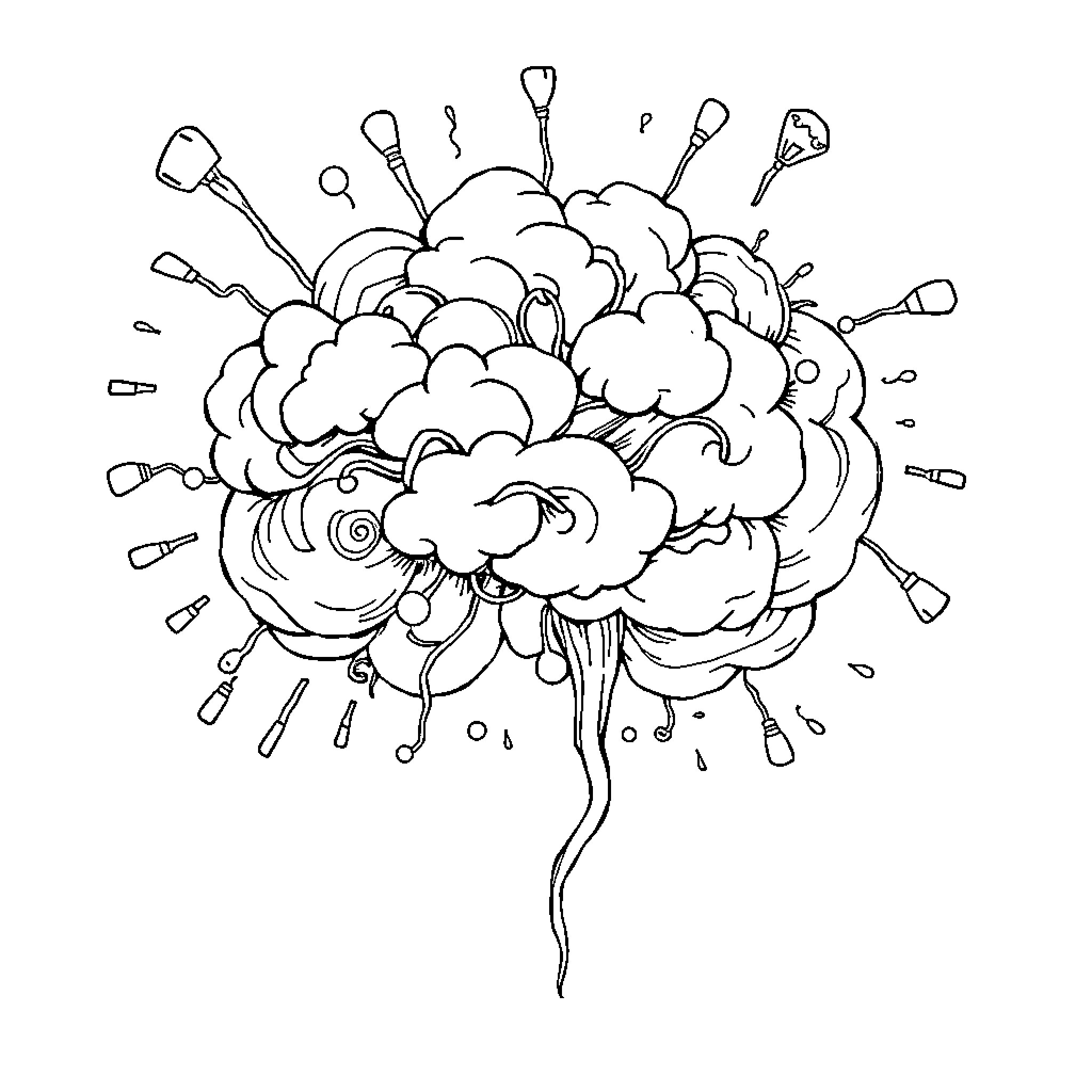 Brainrot Explosion of Abstract Shapes Coloring Page (free black-and-white line drawing printable PDF for all, from beginners to advanced learners, including children, teens, adults, and seniors)