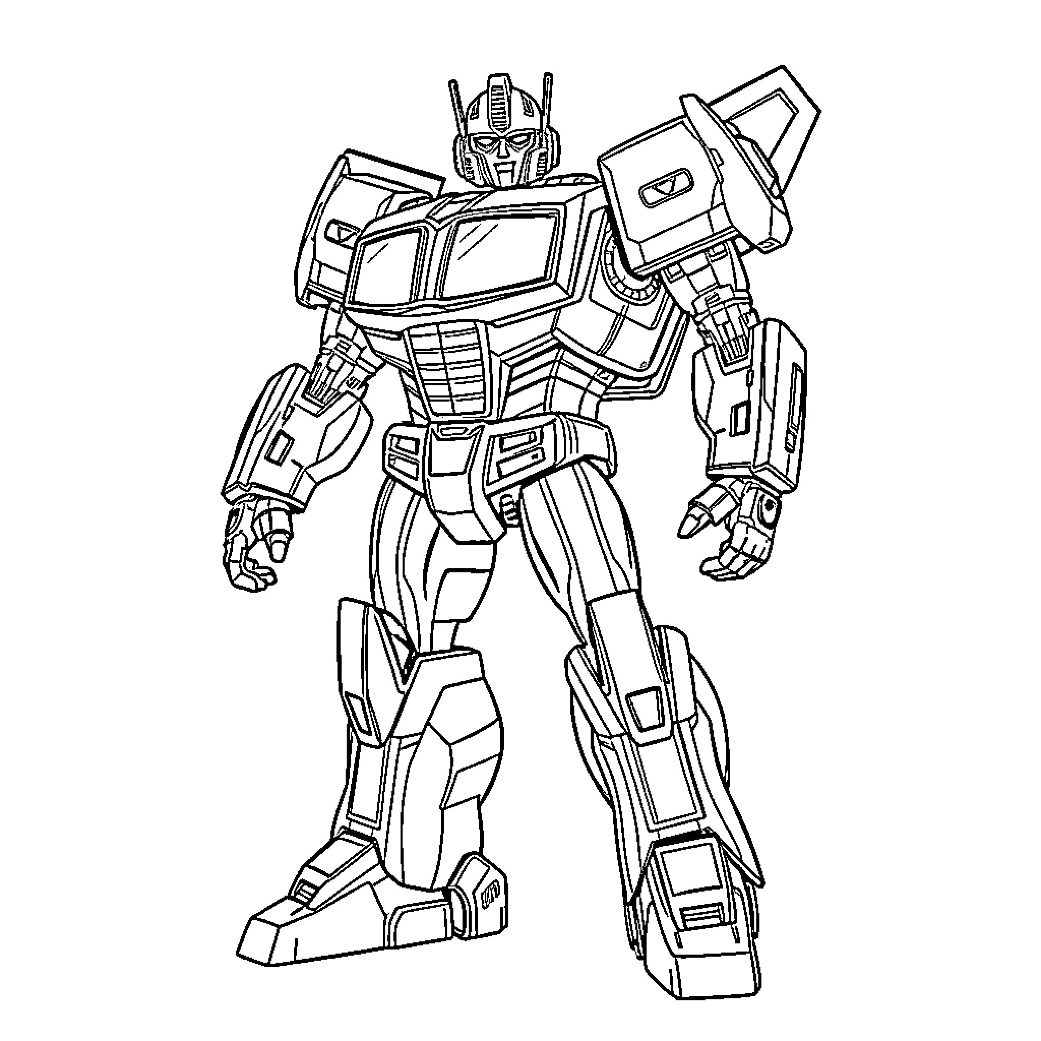 Bumblebee robot in action pose Coloring Page (free black-and-white line drawing printable PDF for all, from beginners to advanced learners, including children, teens, adults, and seniors)
