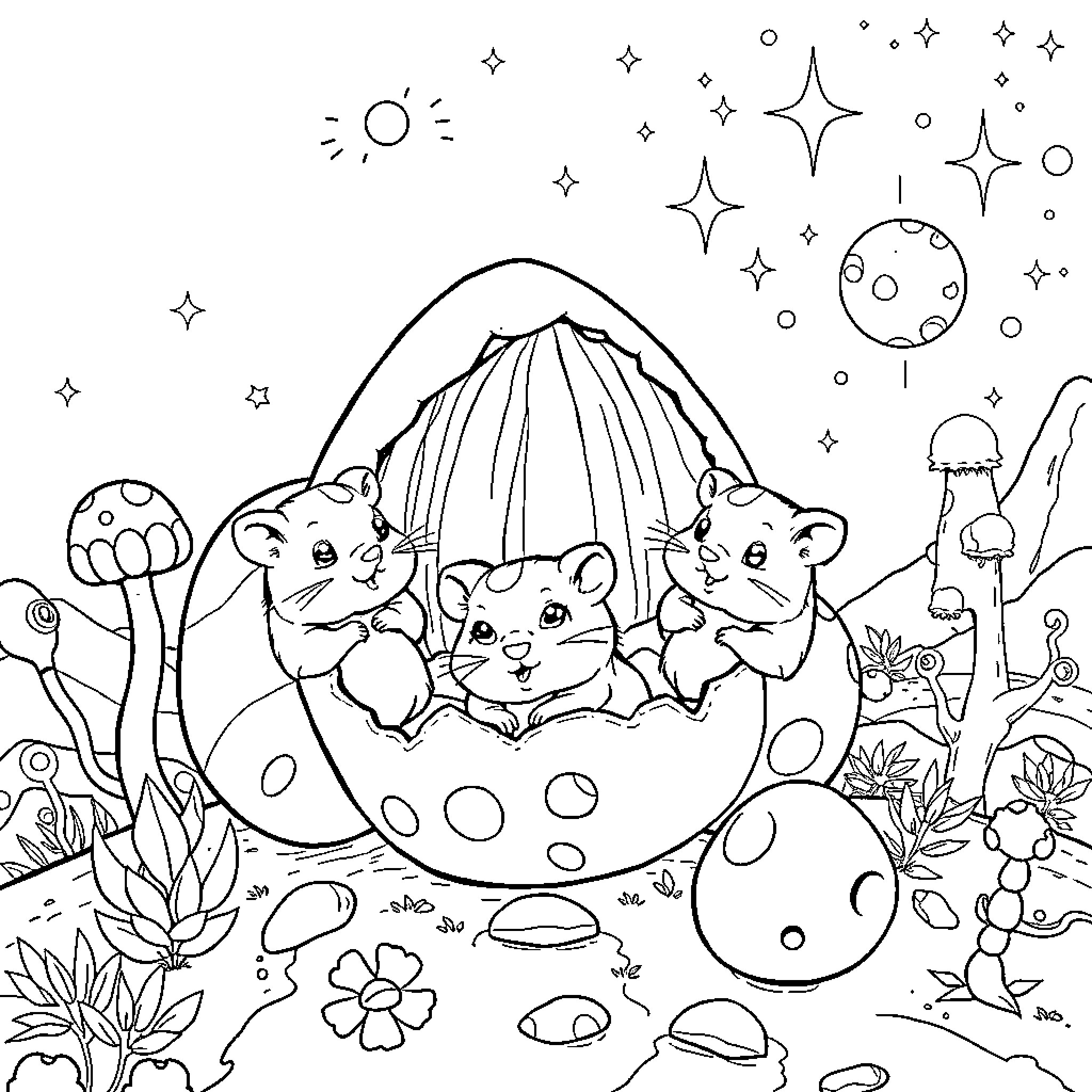 Hamsters in a magical mushroom world Coloring Page (free black-and-white line drawing printable PDF for all, from beginners to advanced learners, including children, teens, adults, and seniors)