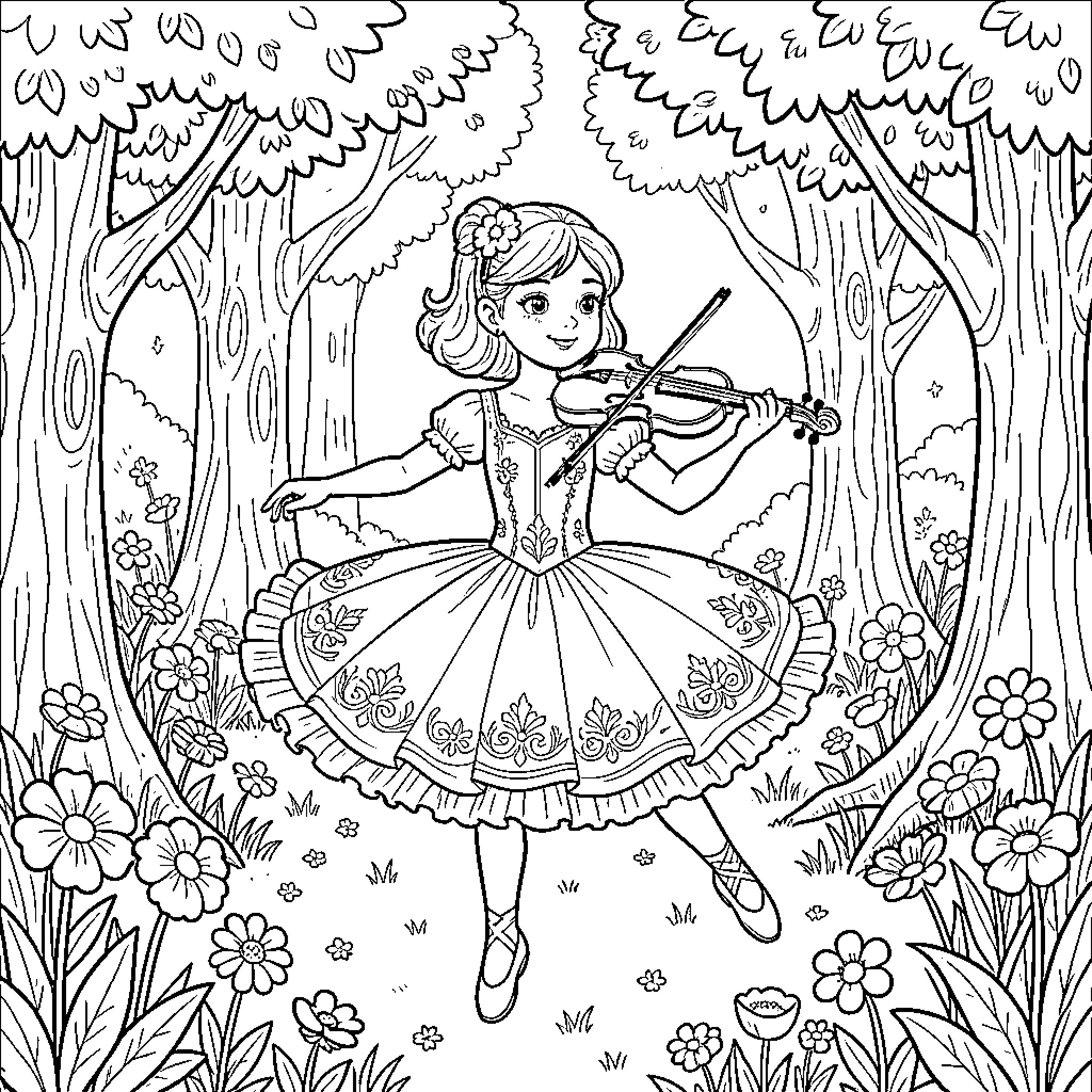 Ballerina dancing gracefully in a whimsical forest Coloring Page (free black-and-white line drawing printable PDF for all, from beginners to advanced learners, including children, teens, adults, and seniors)