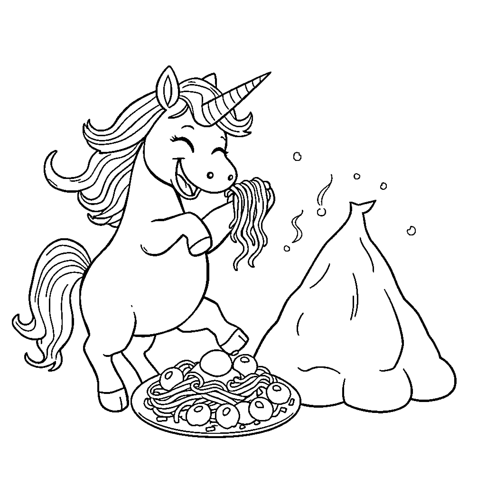 Unicorn enjoying a magical feast Coloring Page (free black-and-white line drawing printable PDF for all, from beginners to advanced learners, including children, teens, adults, and seniors)